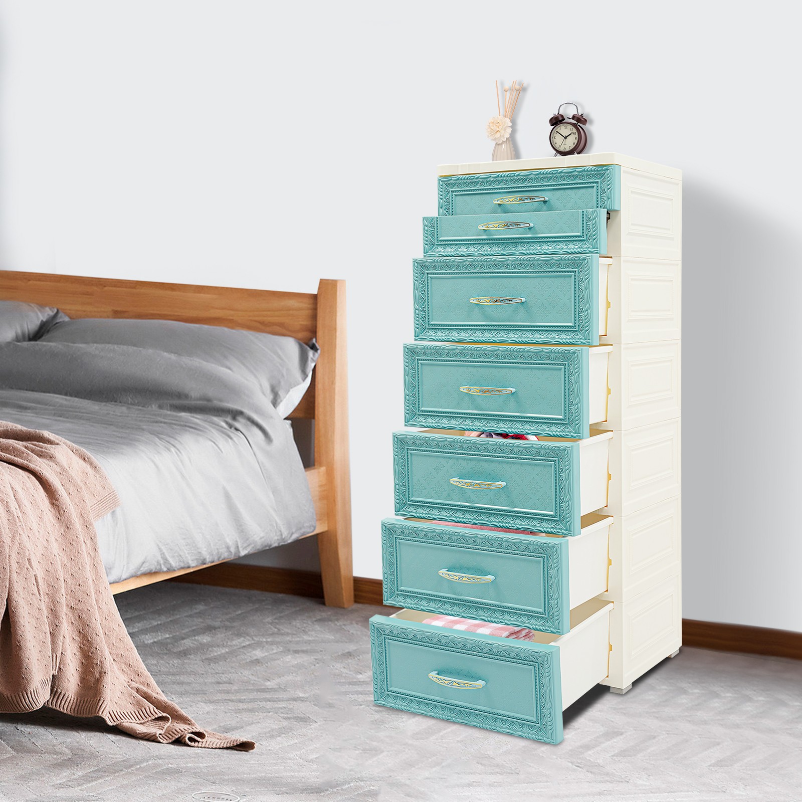 6-Tier Blue Rolling Storage Cabinet with Drawers for Home Organization