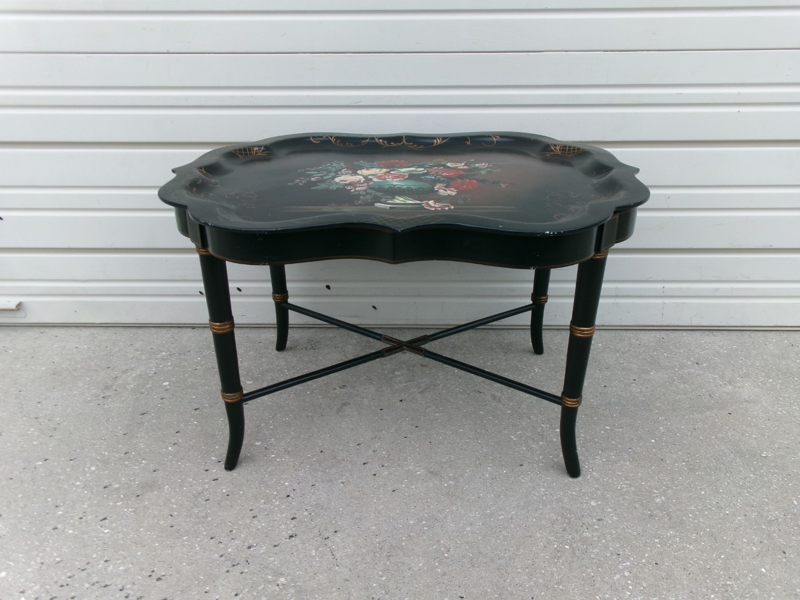 Faux bamboo Chinoiserie Maitland Smith Ebonized Black Tray Table Coffee Side