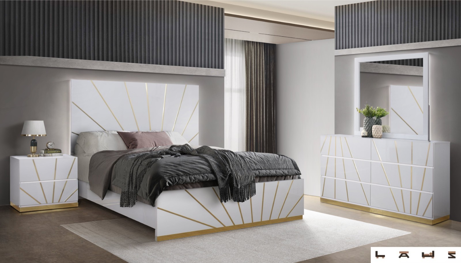 NEW 4PC Modern Italian LED Queen King Gloss White Gold Bedroom Set Bed/D/M/N