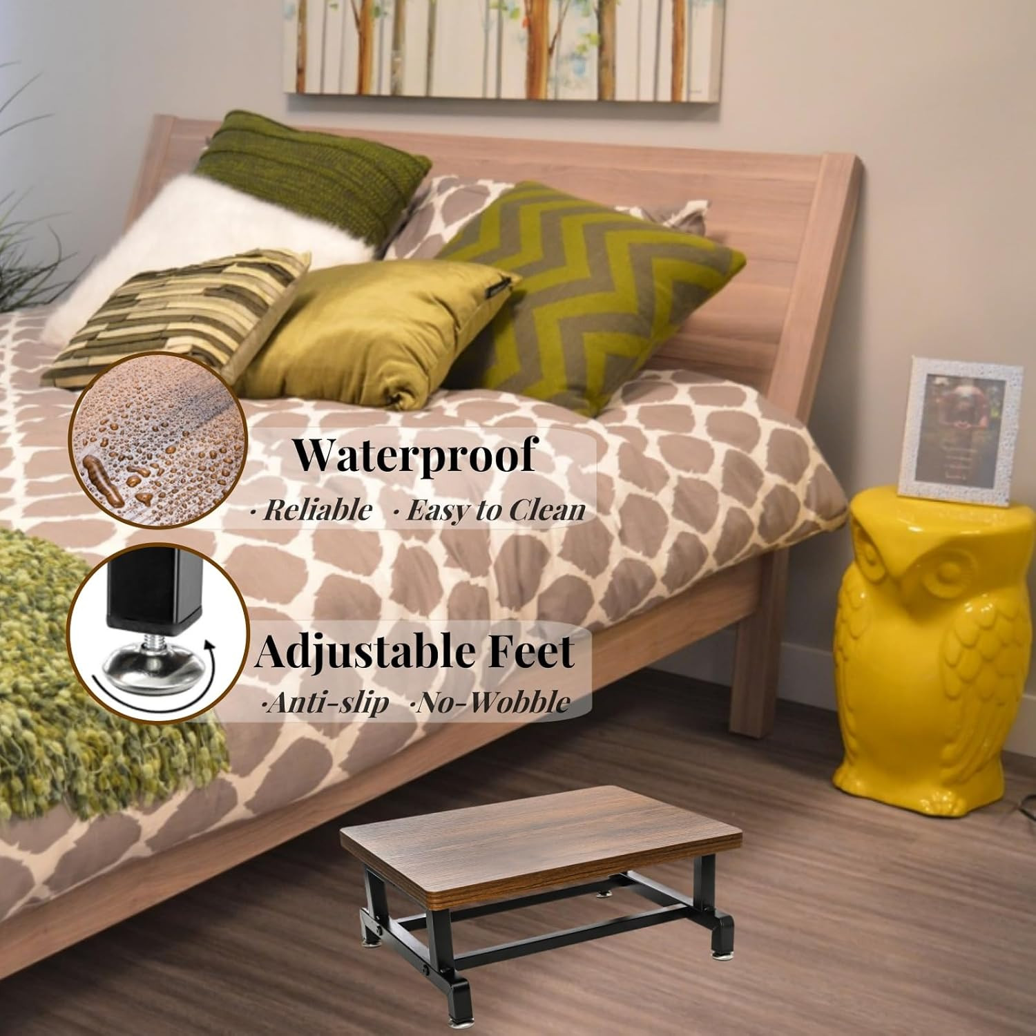 Wood One Step Stool, Anti-Slip Bed Steps Stool for High Beds Riser for , 500 Lbs