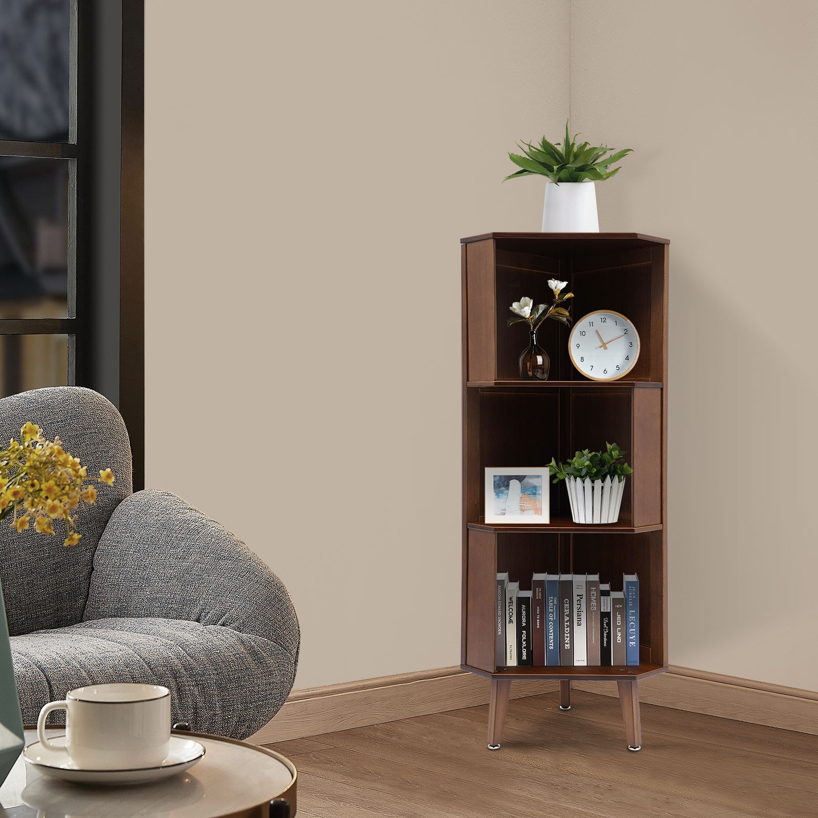 3Tier Storage Cabinet Corner Storage Shelf Brown Storage Cabinet For Office/Home