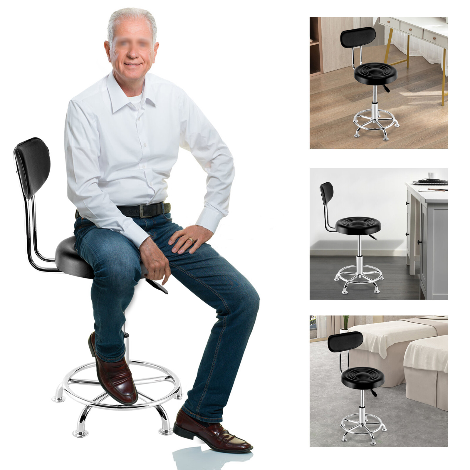 Garage WorkShop Stool Bench Mechanics Swivel Chair Height-Adjustable Seat Black