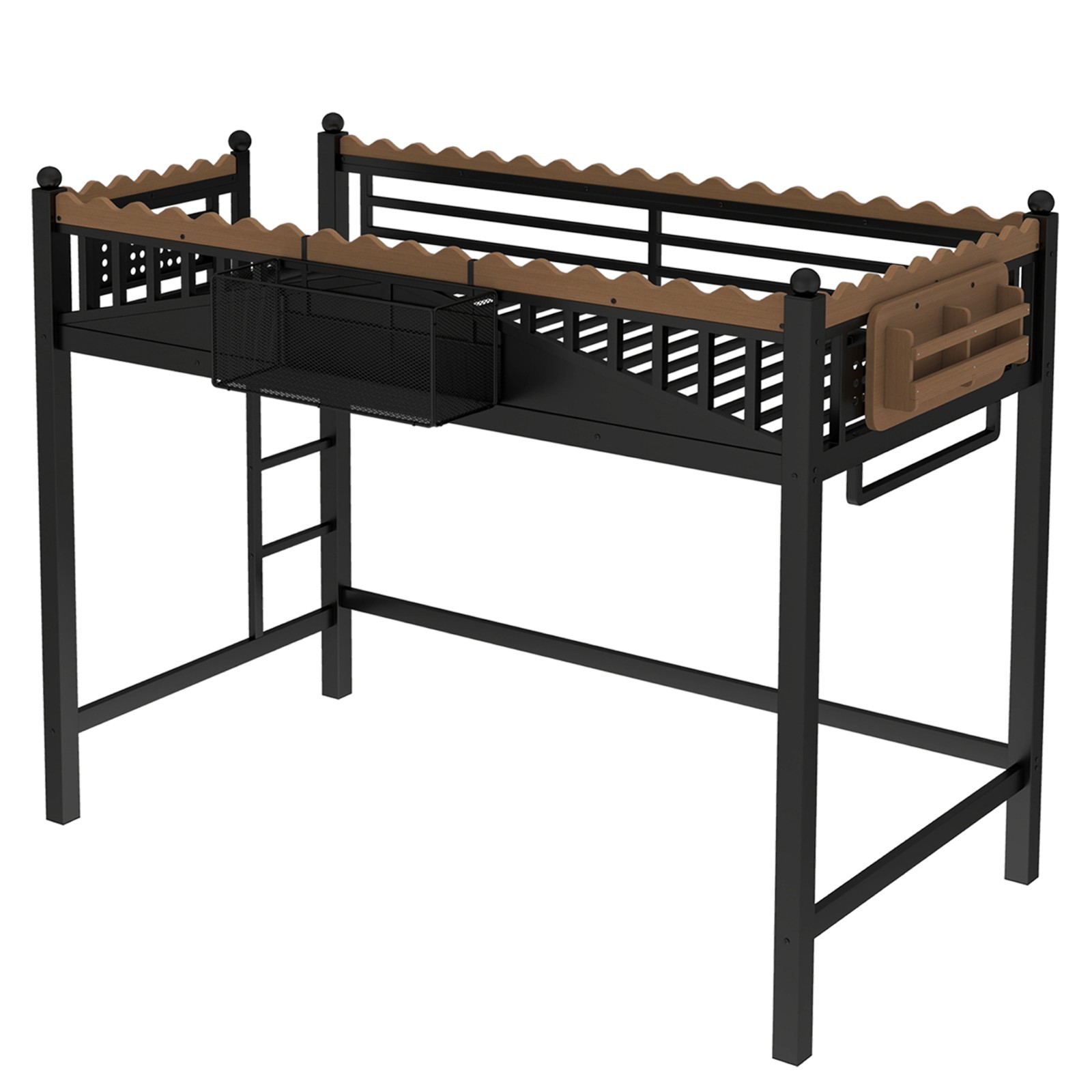Twin XL Size Metal Loft Bed with Ladders, Storage Shelves and Bookshelf Black