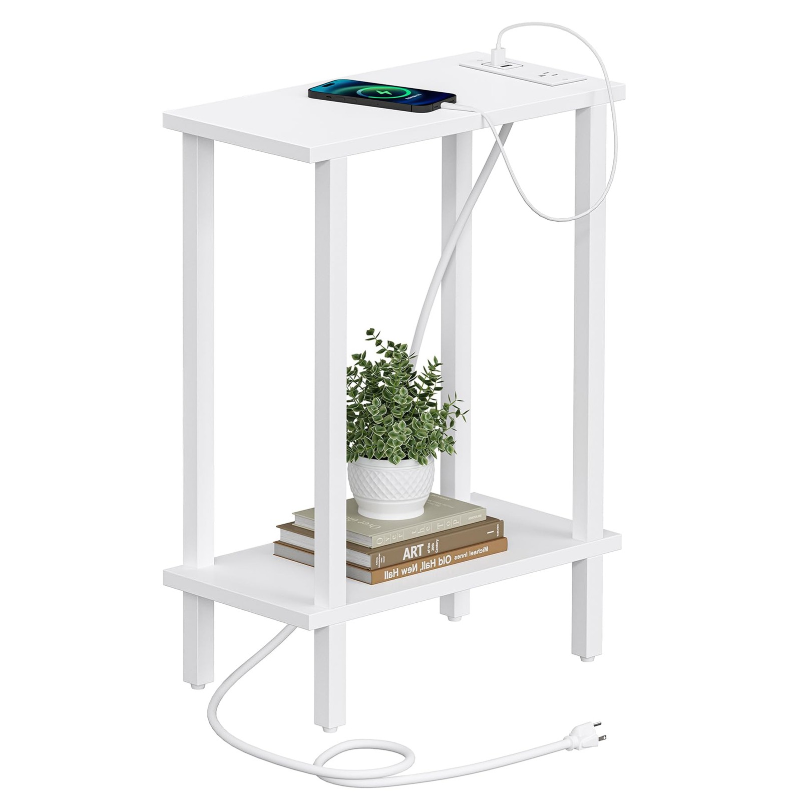 Small End Table With Charging Station Narrow Side USB Ports Outlets White