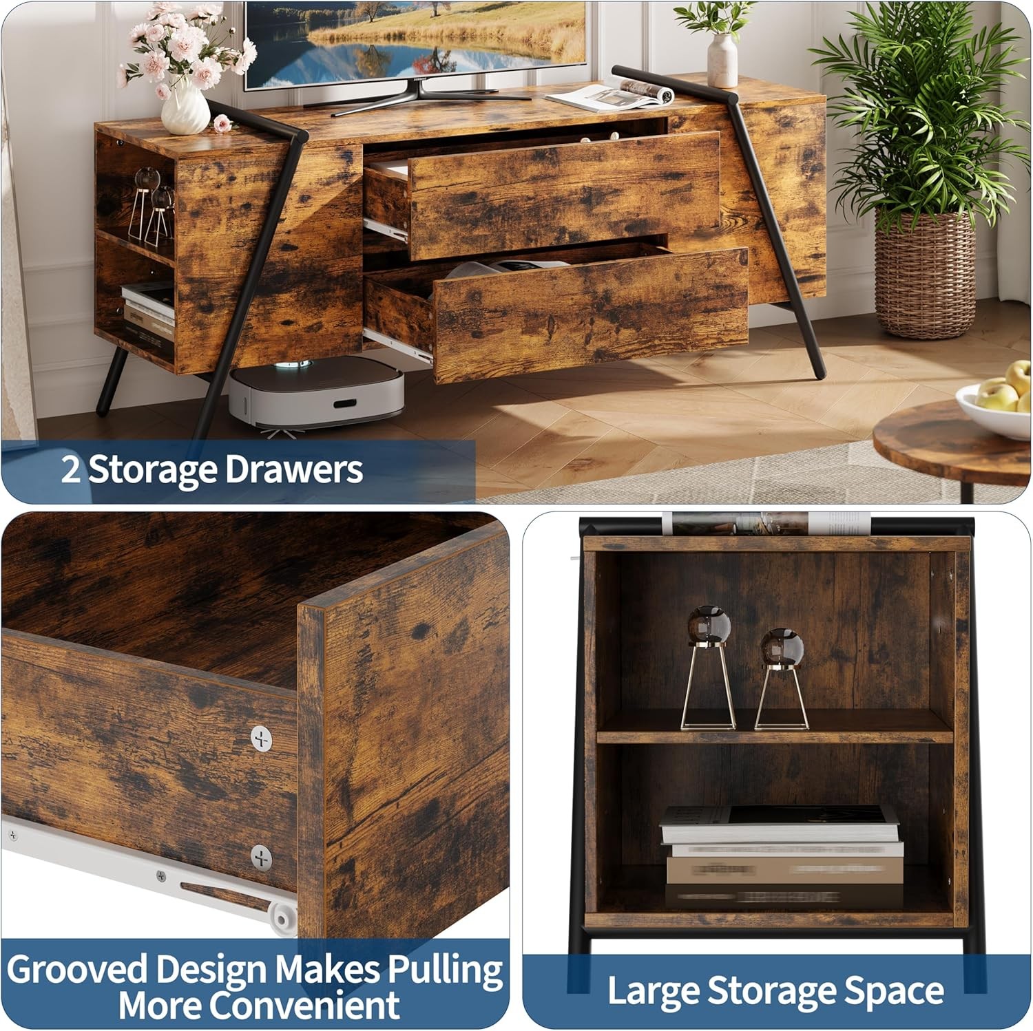55″ TV Stand for 50-65 in TVs, Entertainment Center Media Console with 2 Drawers