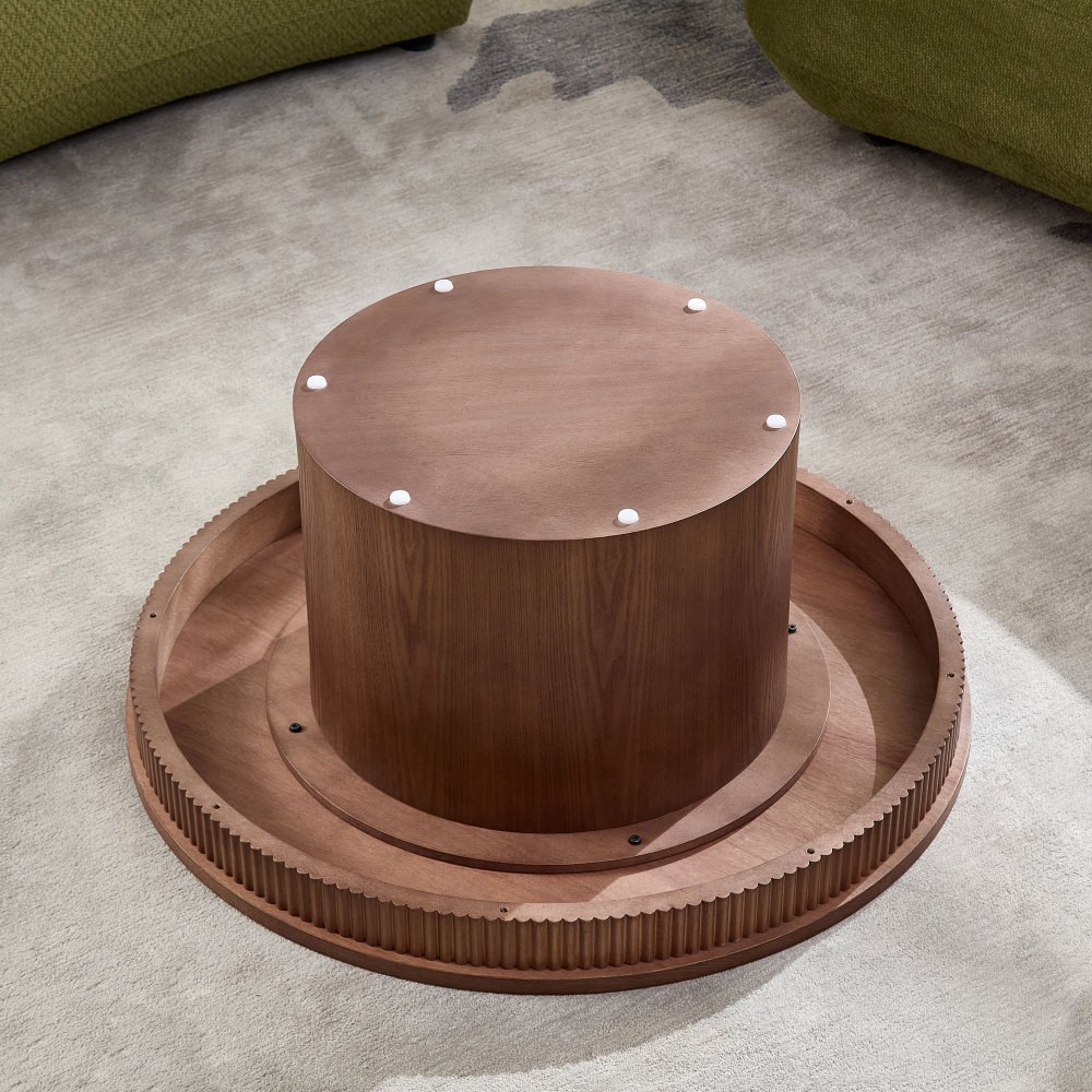 Walnut Round Coffee Table w/ Solid Wood Ribbed Wave Trim,MDF+ Wood Veneer Table