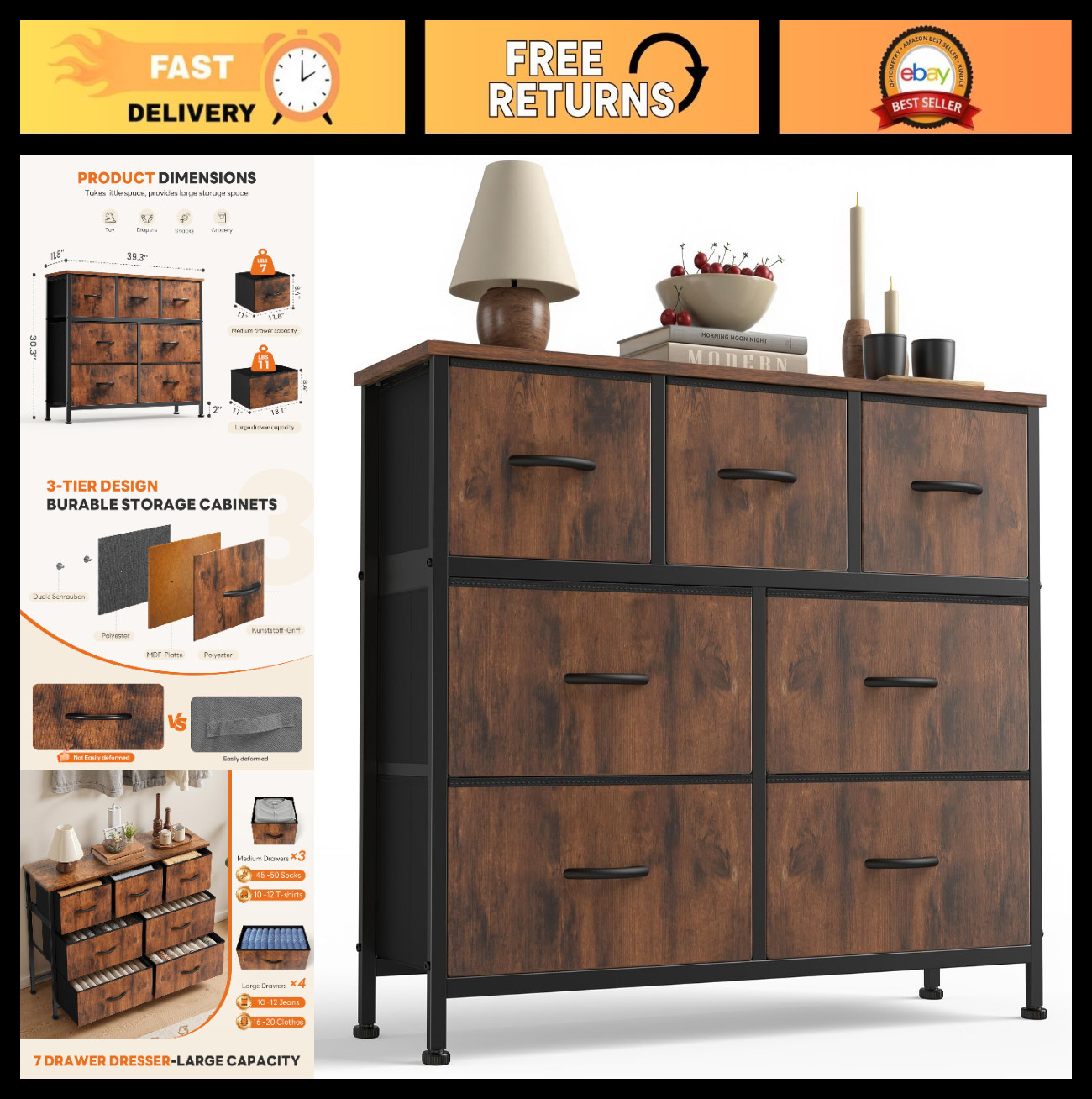 7 Drawer Fabric Storage Tower Organizer – Tall Chest of Drawers for Bedroom, Ent