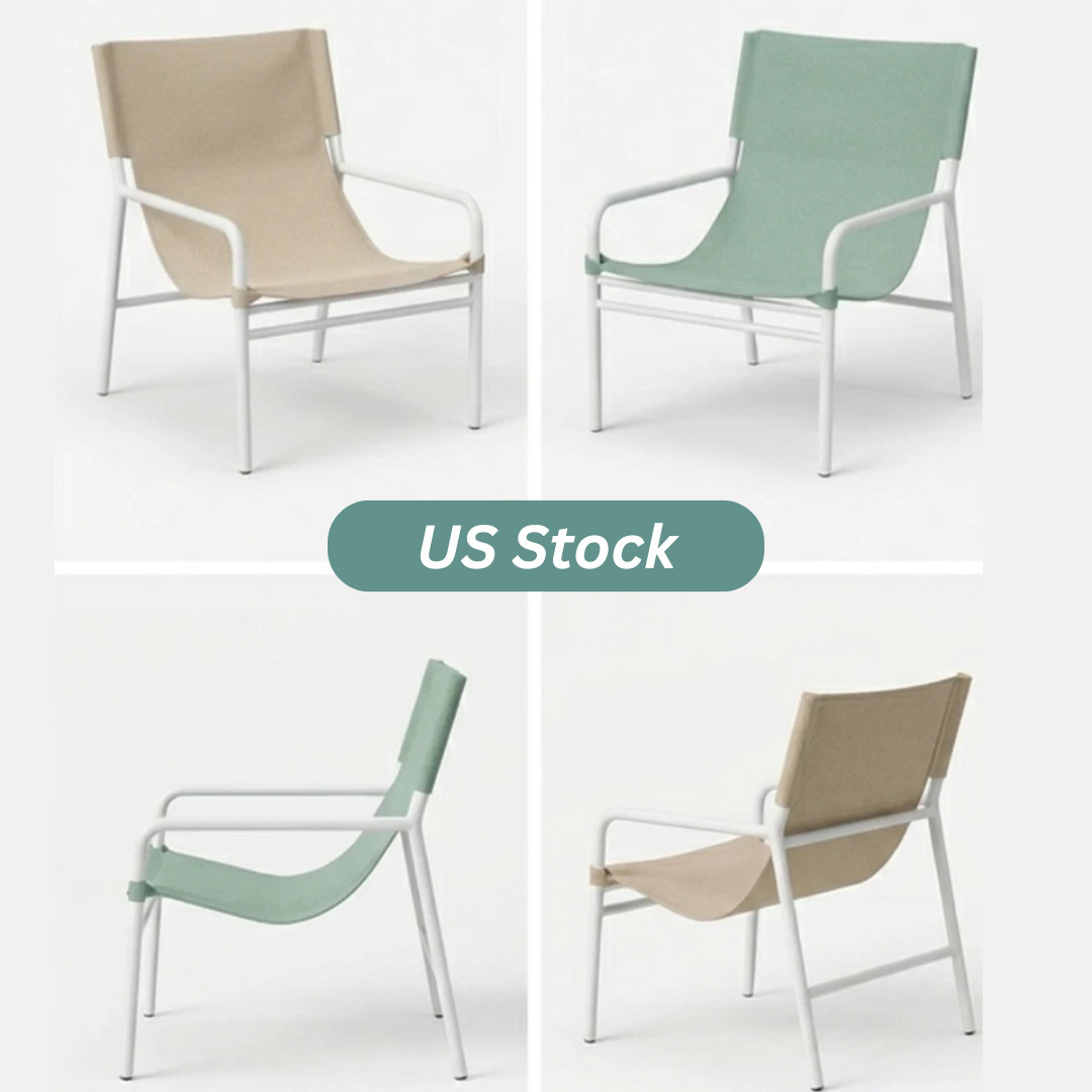 New Modern Sling Lounge Chair Metal Accent Living Room Patio Beige Seafoam Green