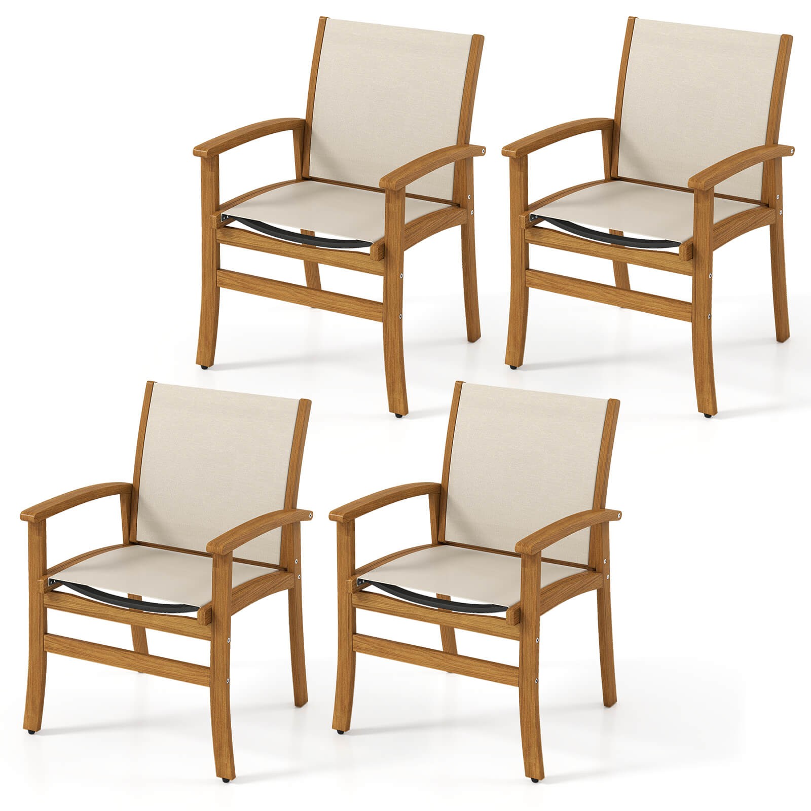 4 PCS Outdoor Dining Chairs Acacia Wood Patio Chairs w/Breathable Fabric Seat