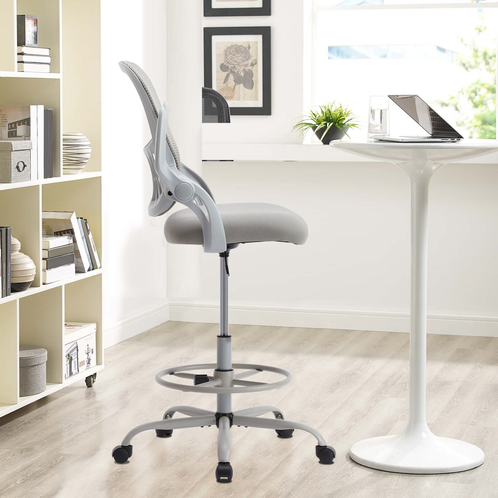 Tall Office Desk Chair with Footrest, Drafting Chair with Flip-up Armrest