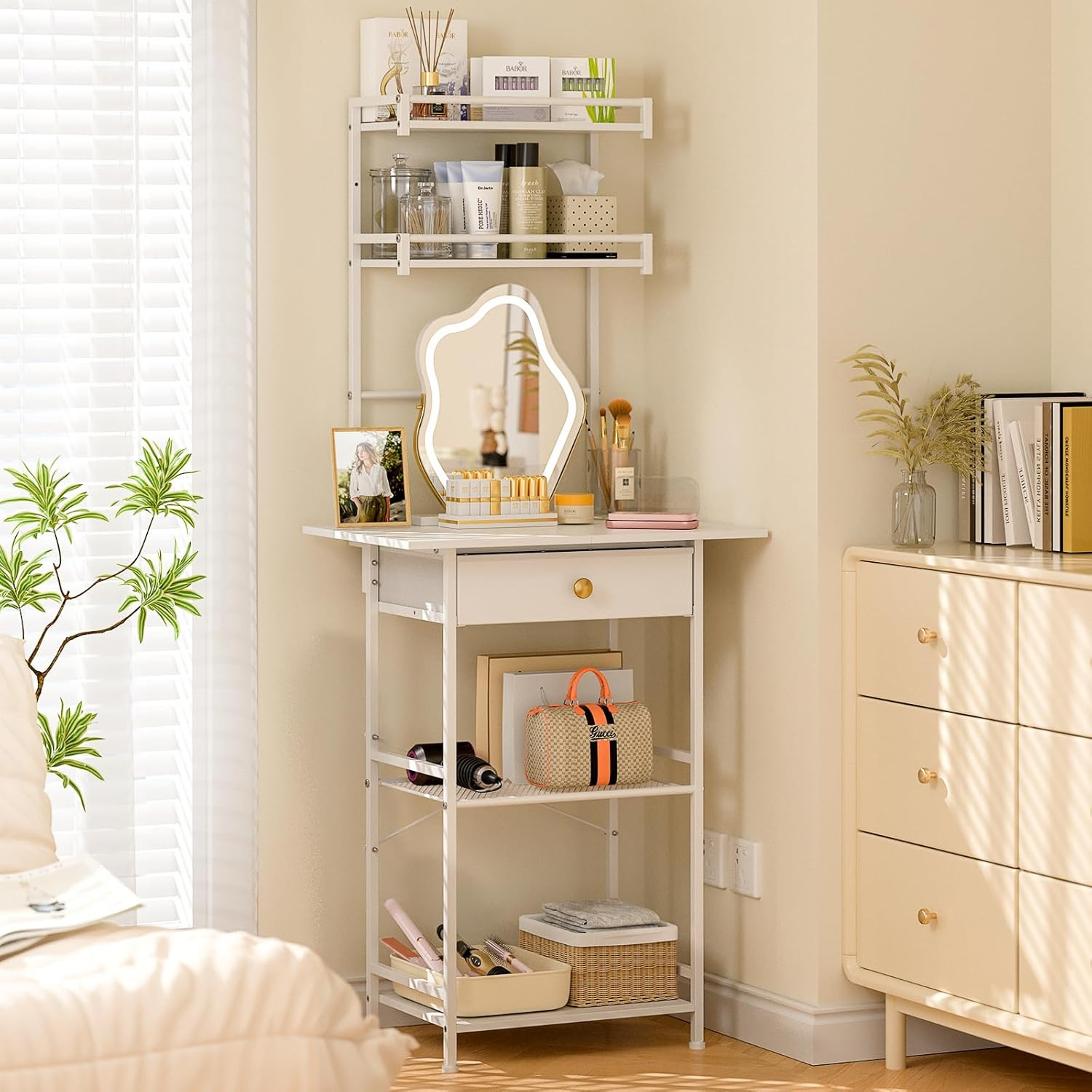 Small Vanity Desk without Mirror, Makeup Vanity Table for Small Space, Compact W