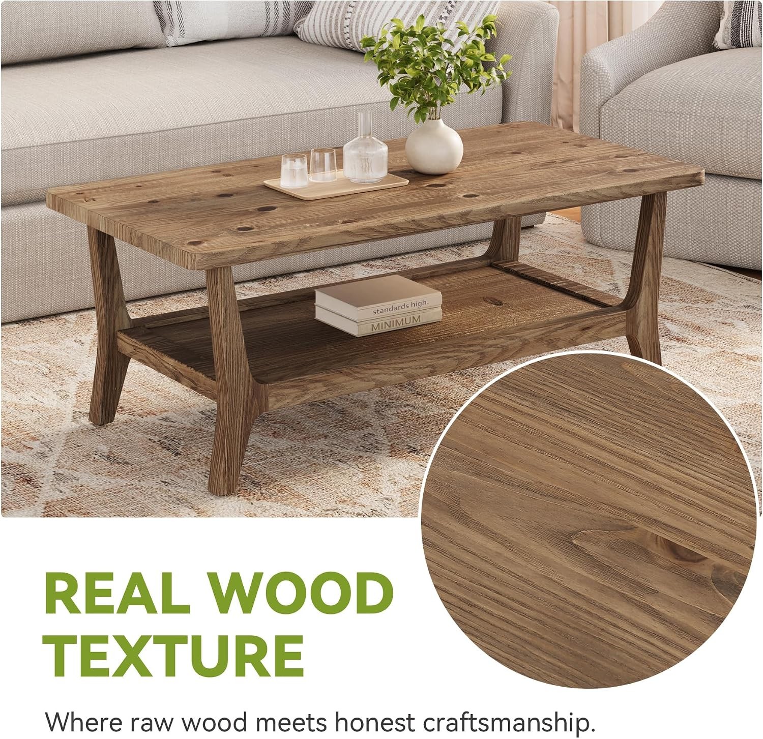47.2-Inch Rectangular Solid Wood Coffee Table with Storage Shelf for Living Room