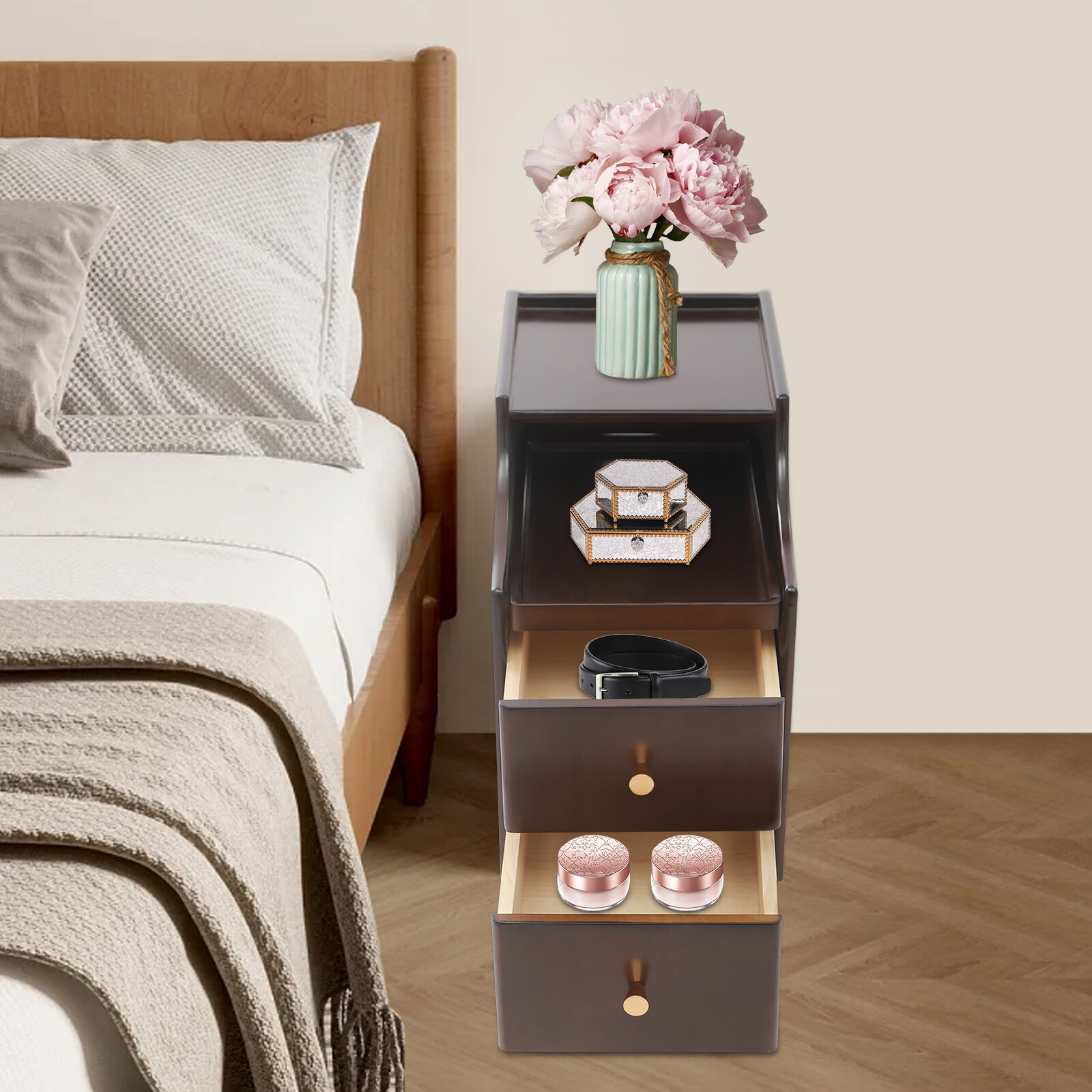 Solid Wood Narrow Side Table Night Stand for Small Spaces Storage Solution