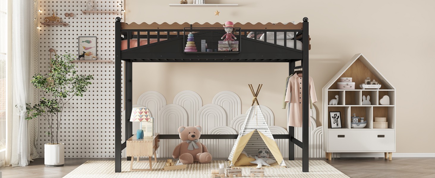 Twin XL Size Metal Loft Bed with Ladders, Storage Shelves and Bookshelf Black