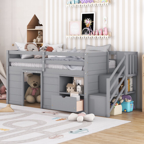 Twin Size Loft Bed with Staircase and Storage Drawer Kids Loft Bunk Beds Bedroom