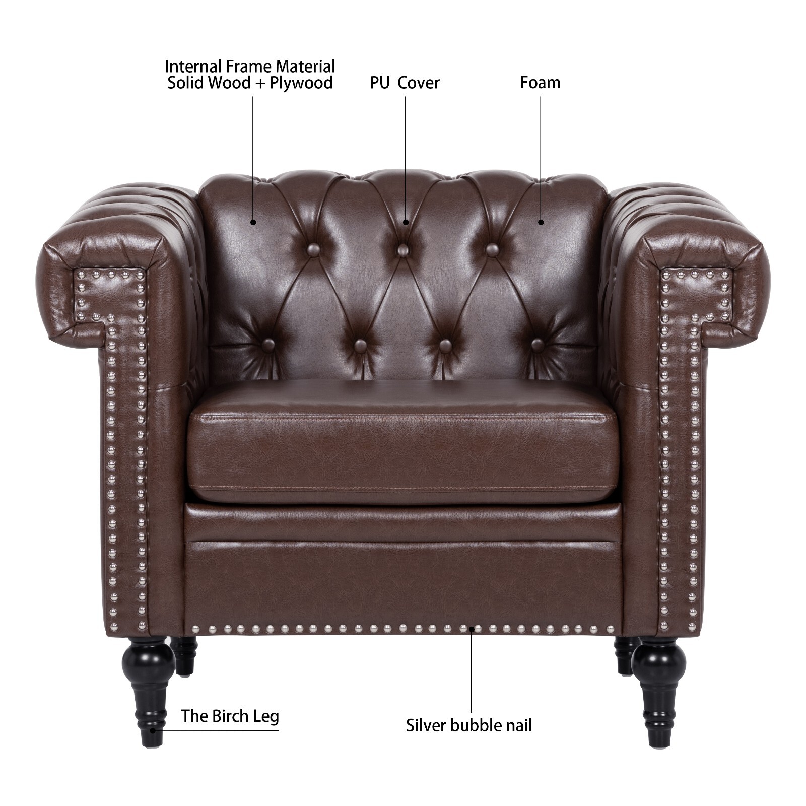 Faux Leather Sofa Tufted Single Couch Armchair with Removable Cushion Square Arm