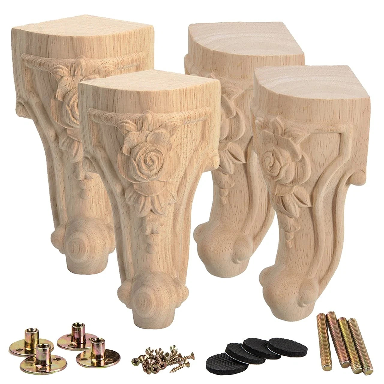4 inch / 10cm Wooden Furniture Legs Set of 4 European Style Solid Wood Carvin