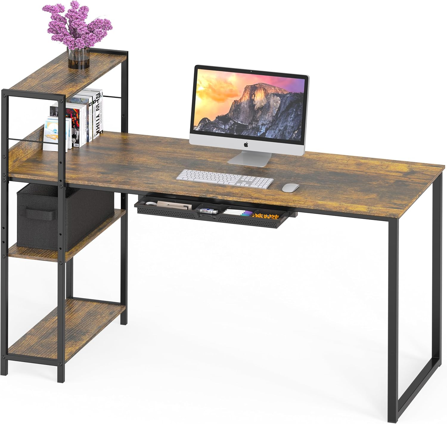 46” Home Office Desk w/ Drawer & 4 Shelf Storage Mission Style Wood Rustic Brown