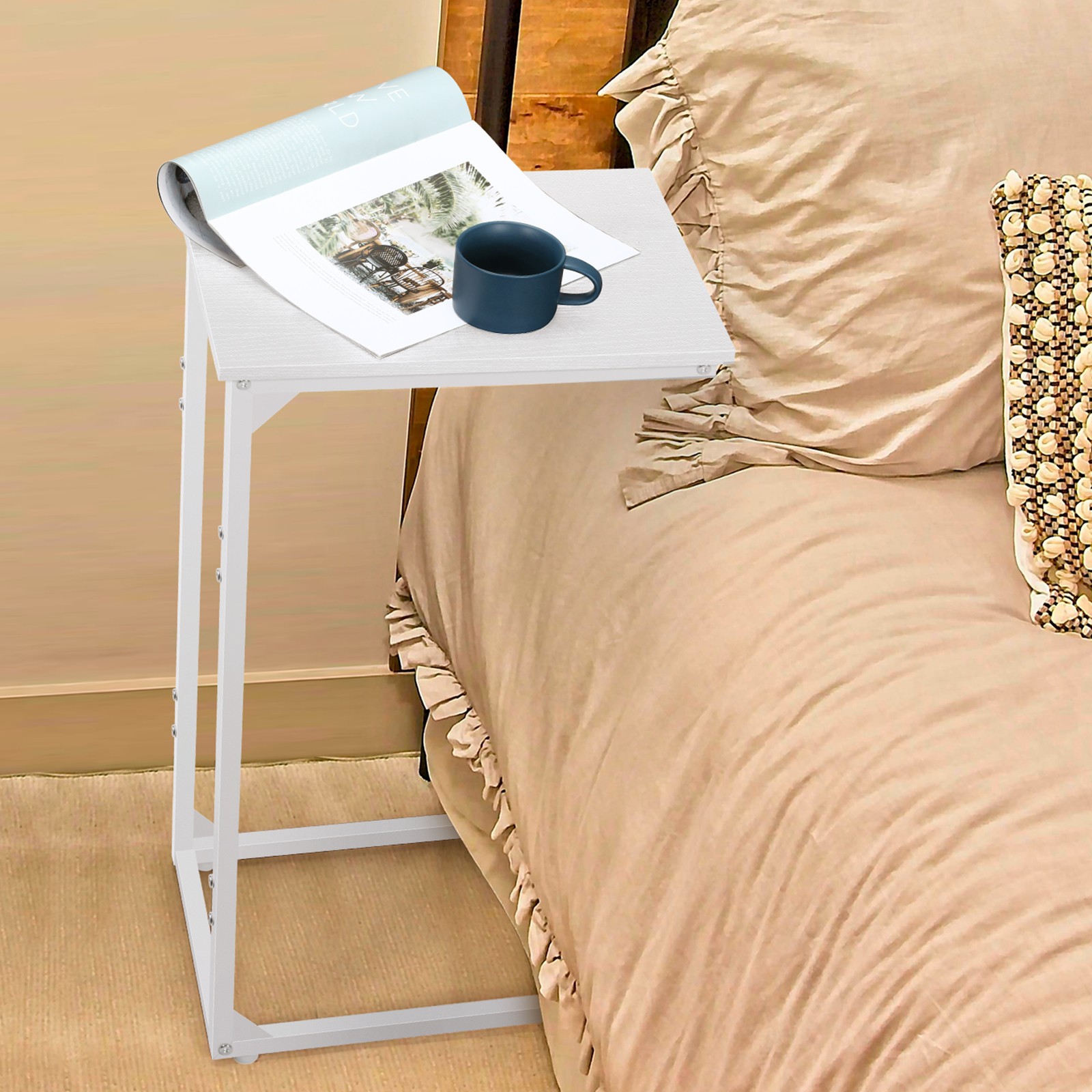 White C Shaped End Table, Couch Side Table that Slide Under Sofa for Living Room