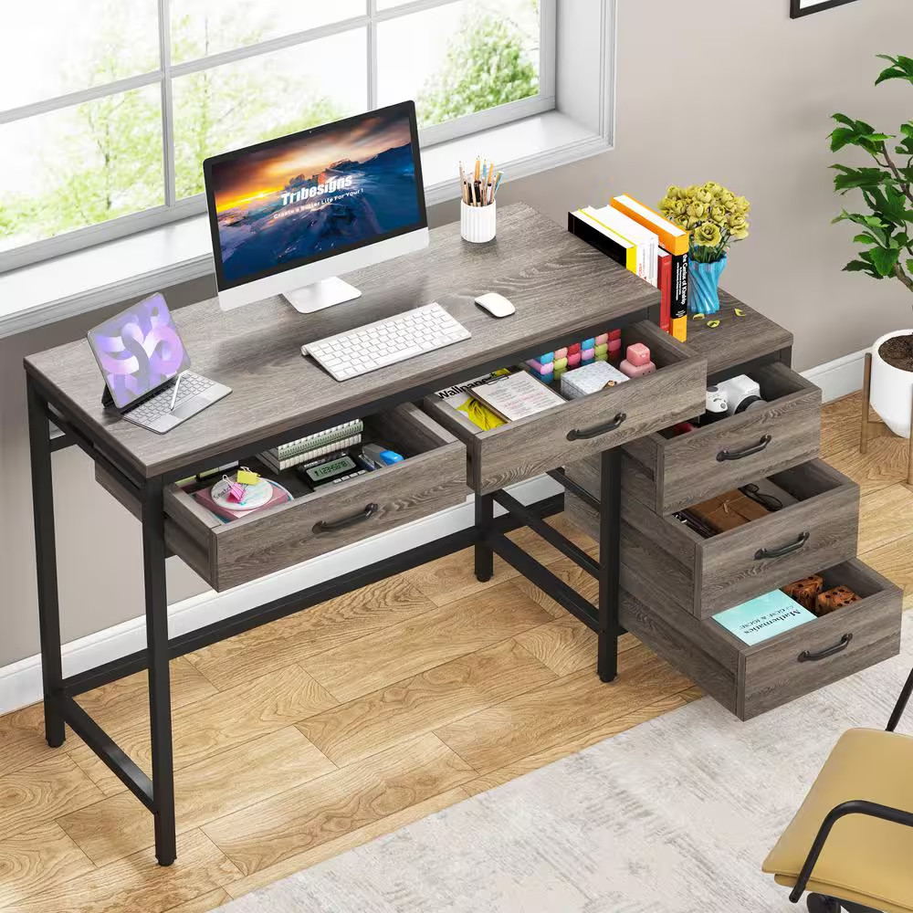 Cassey 51 In. Rectangular Industrial Gray Wood 5-Drawer Computer Desk, Revers…
