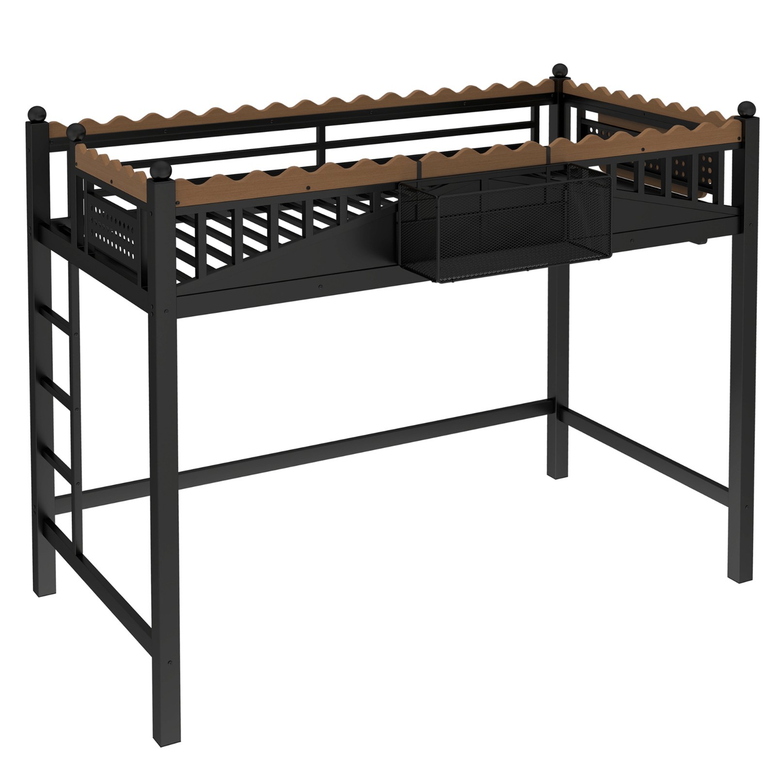 Twin XL Size Metal Loft Bed with Ladders, Storage Shelves and Bookshelf Black