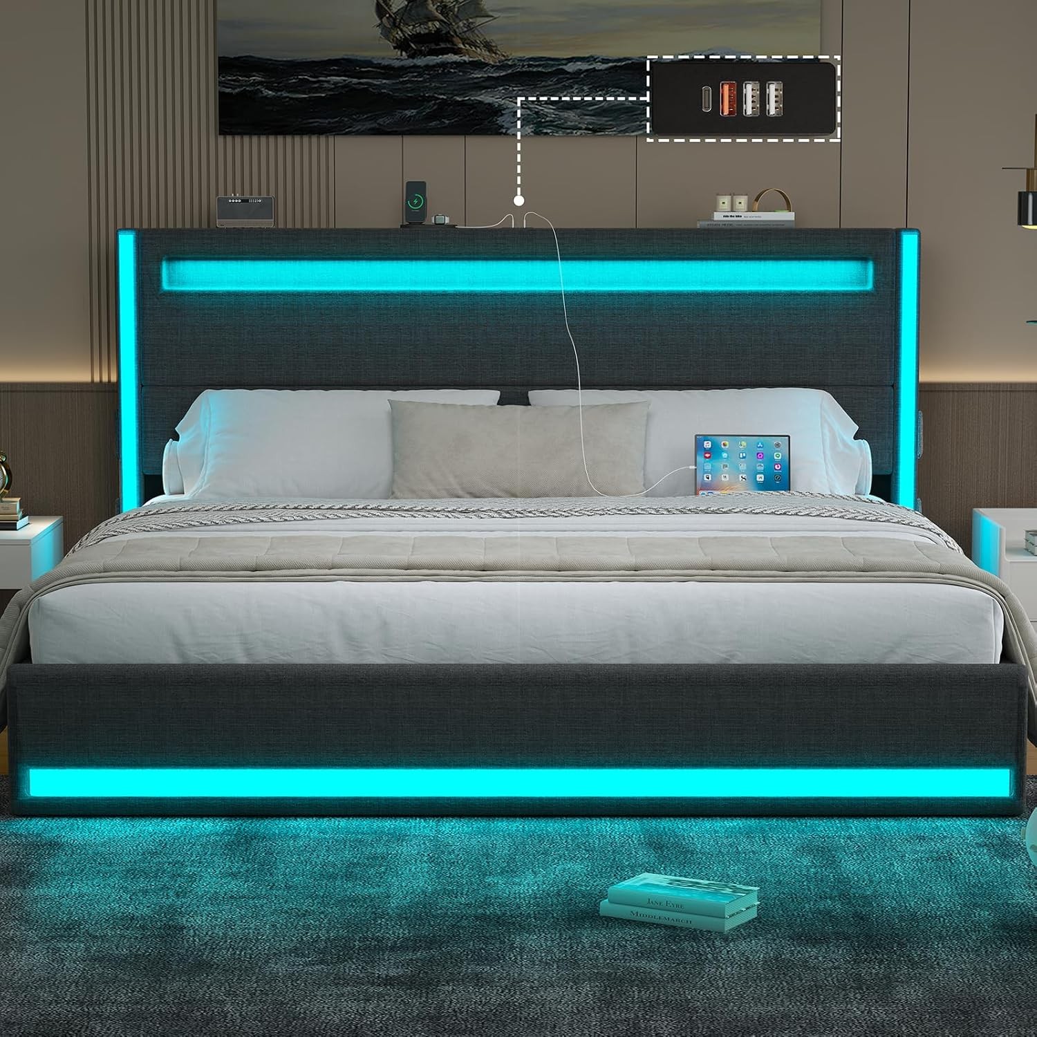 California King Bed Frames, Floating Bed with Storage Headboard & LED Lights
