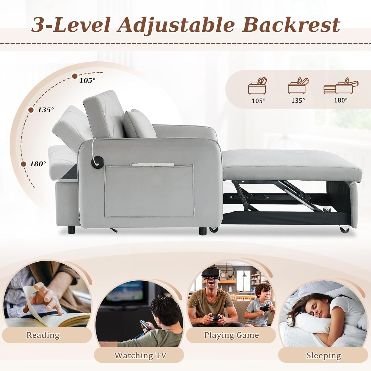 3 in 1 Convertible Sleeper Chair Bed with Adjustable Backrest & USB Port
