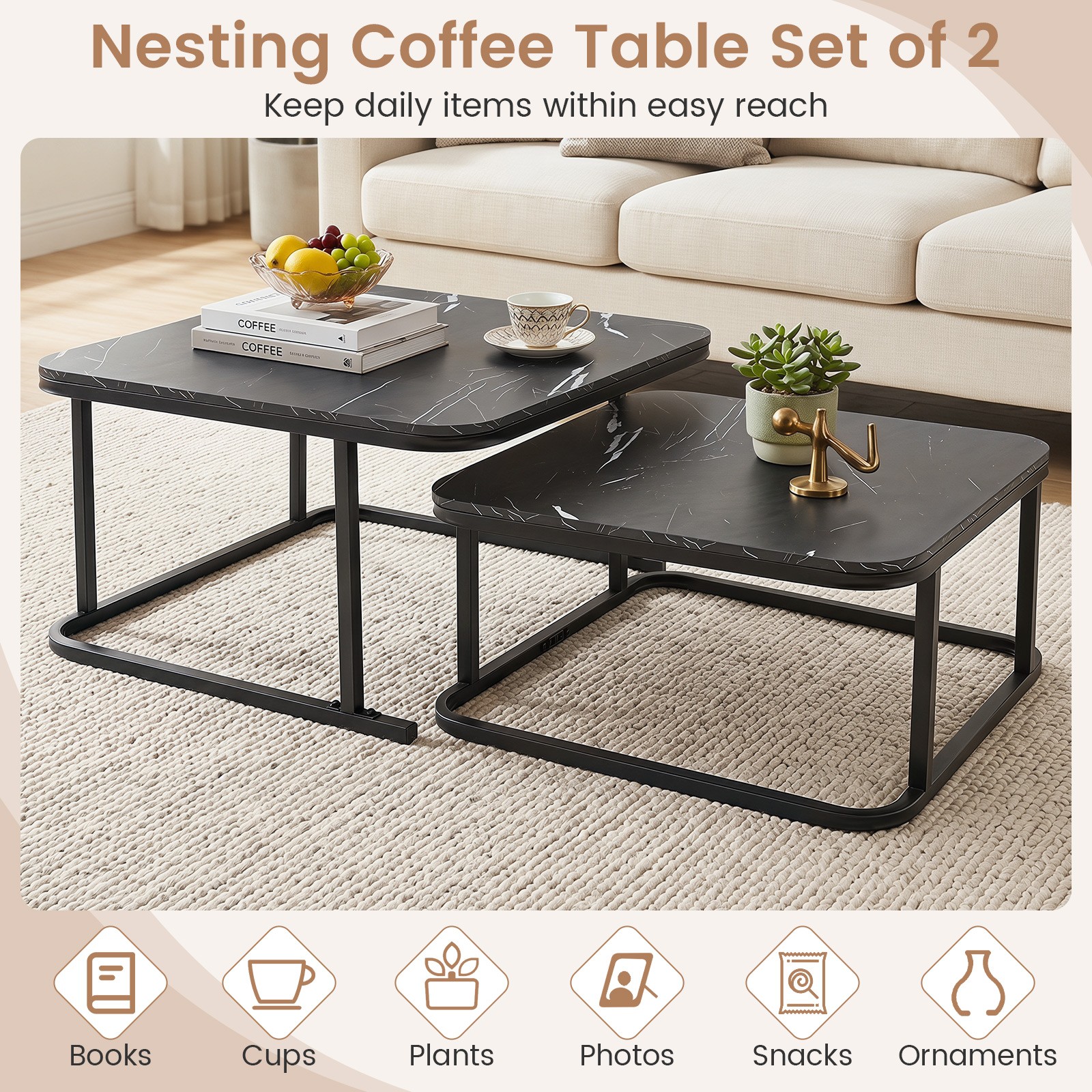 Nesting Coffee Table Set of 2 w/ Faux Marble Tabletop & Metal Frame for Home