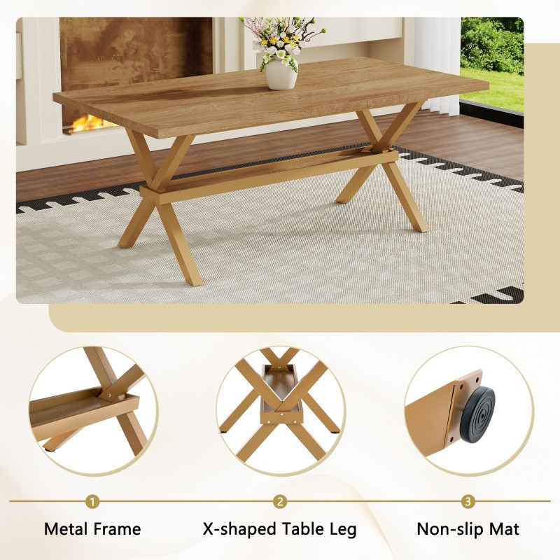71 Inch Rectangular Dining Table with X-Shape Metal Base Light Wood MDF Top