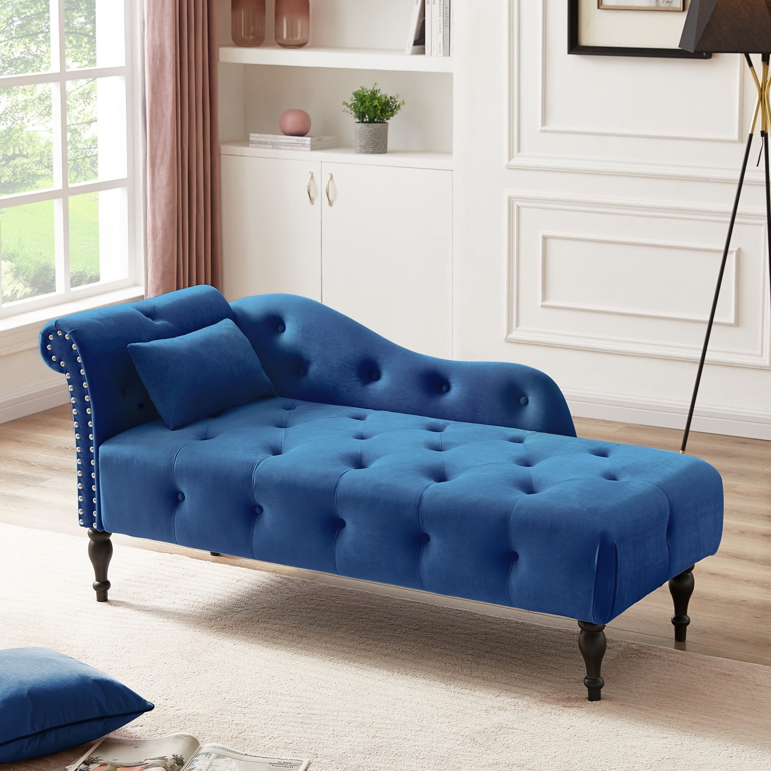 60.6 Inch Modern Velvet Sofa Bed Chaise Lounge with Solid Wood Legs Blue/Black