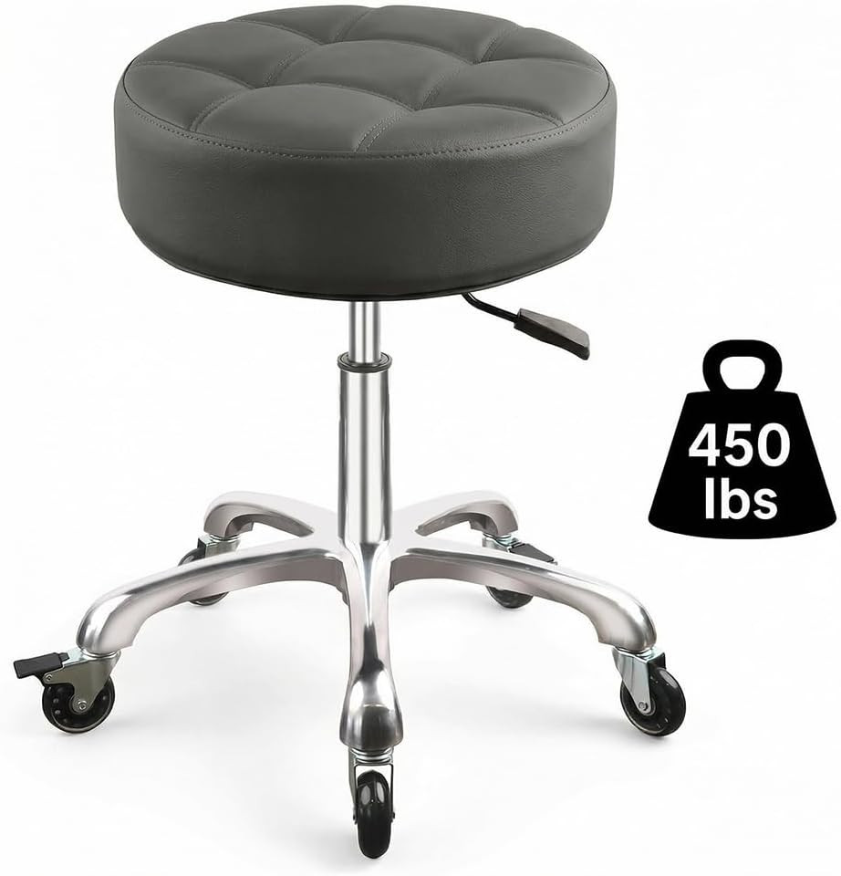 Adjustable Rolling Stool with Wheels, 450Lbs Capacity, 360° Swivel, Grey