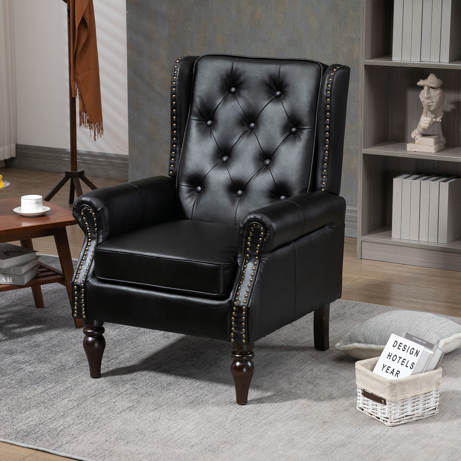 Modern Accent Armchair with Wood Legs, Black PU Leather, 250 lb Capacity