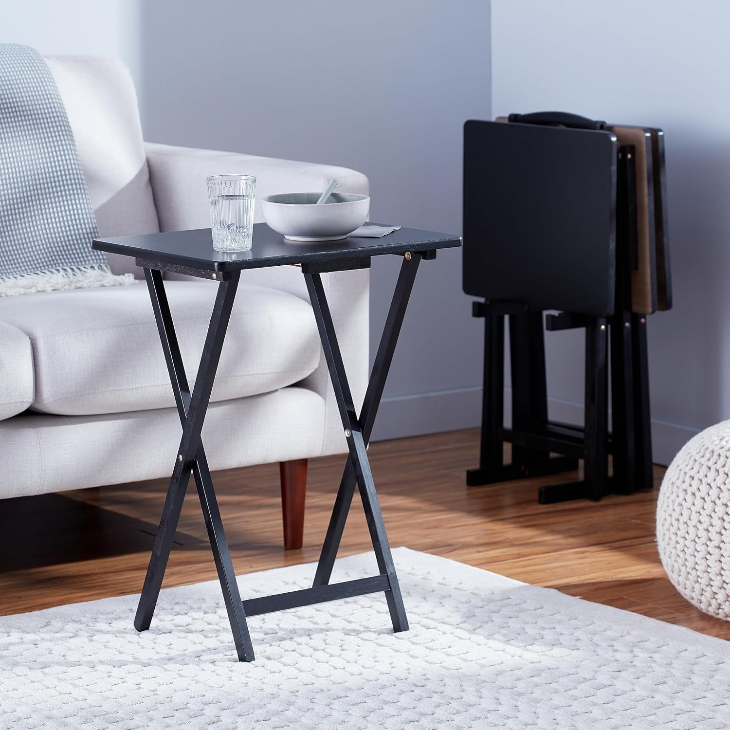 4 PACK Amazon Basics Portable Foldable TV Tray Table w/ Storage Rack, Black