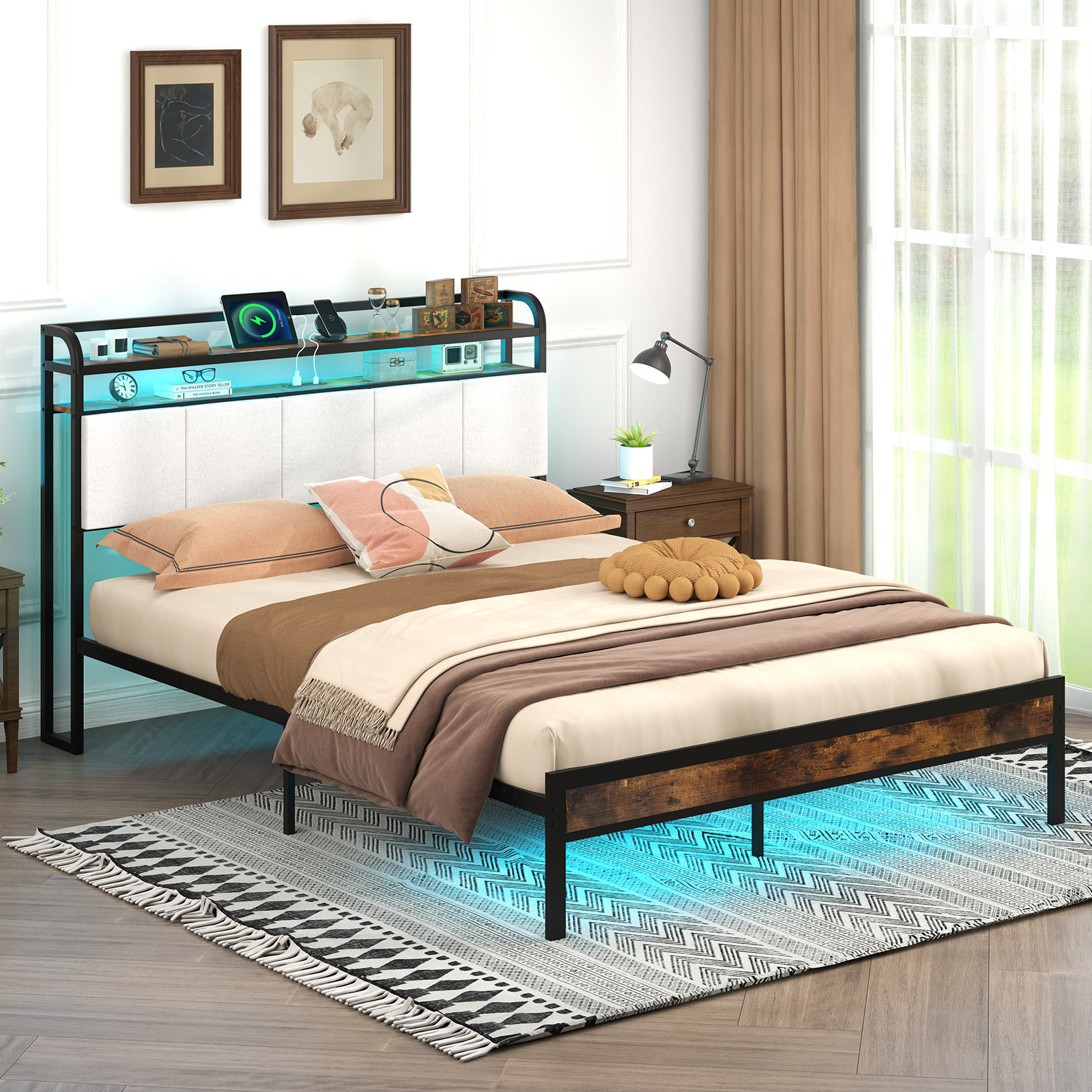 Queen Size Bed Frame with LED Light & Charging Station Heavy Duty Metal