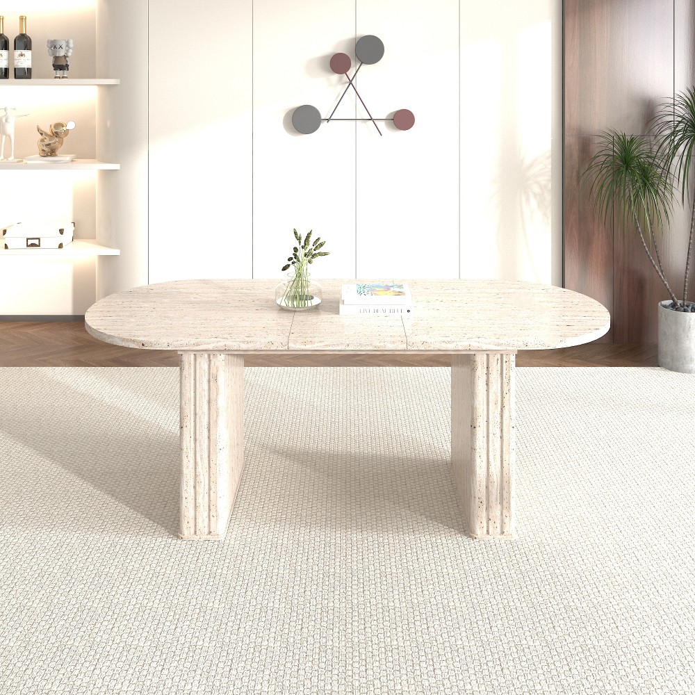 Extendable Oval Kitchen Dining Table Travertine Finish MDF Wooden Strip Base