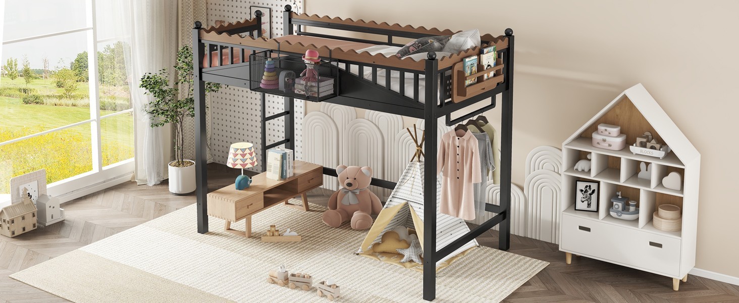 Twin XL Size Metal Loft Bed with Ladders, Storage Shelves and Bookshelf Black