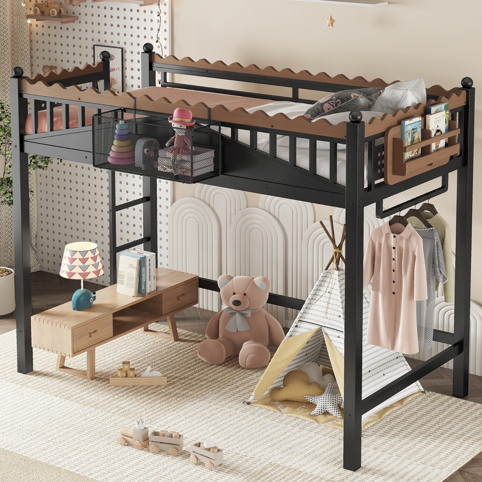 Twin XL Size Metal Loft Bed with Ladders, Storage Shelves and Bookshelf Black