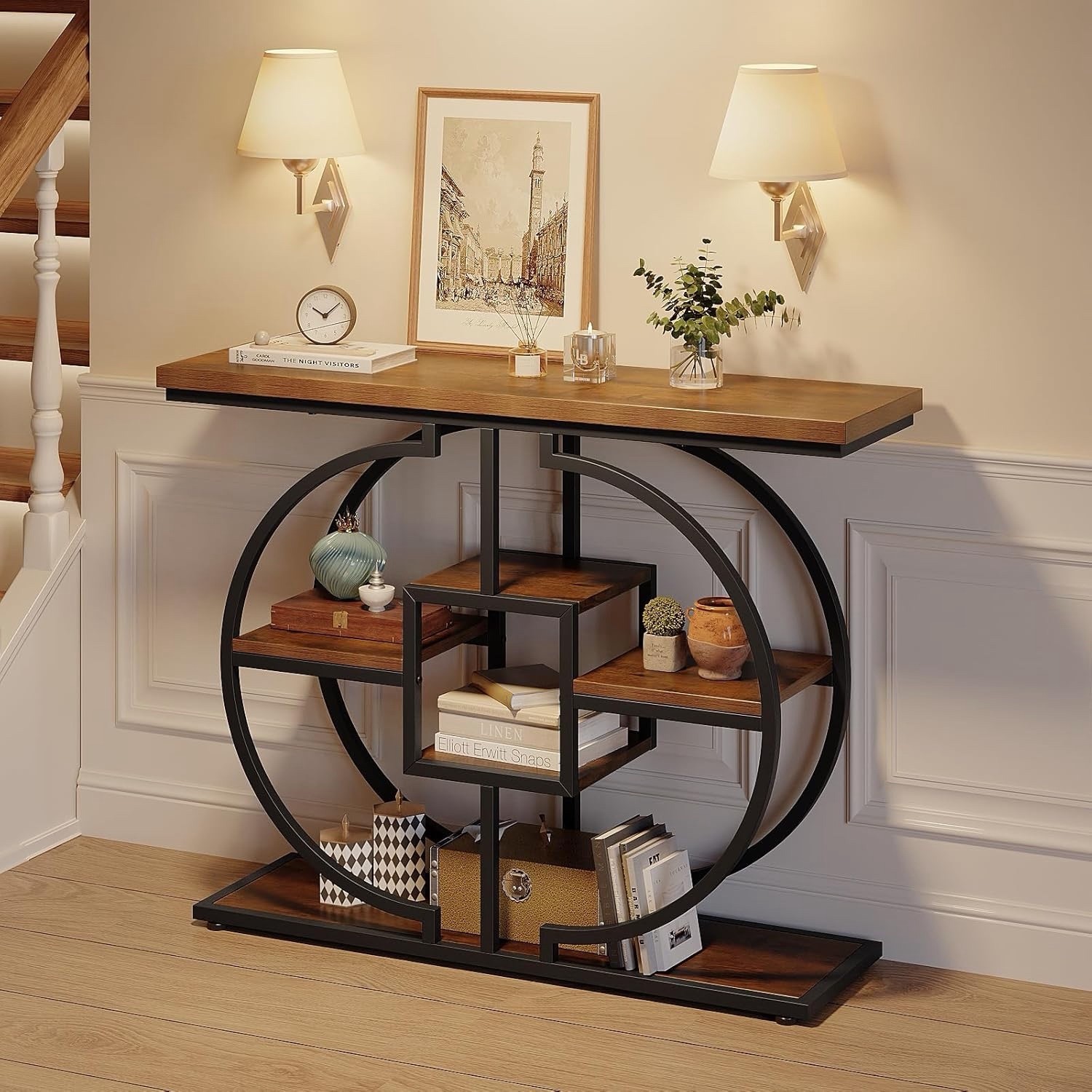 Industrial Circle Arch Console Table w/ Storage, Rustic Brown, 41.3 x 11.8 in