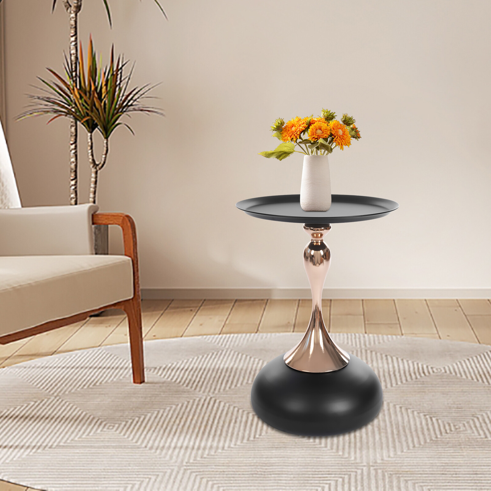 Modern Black & Gold Metal Round End Table With Tray 15.74 × 21.65 Inch