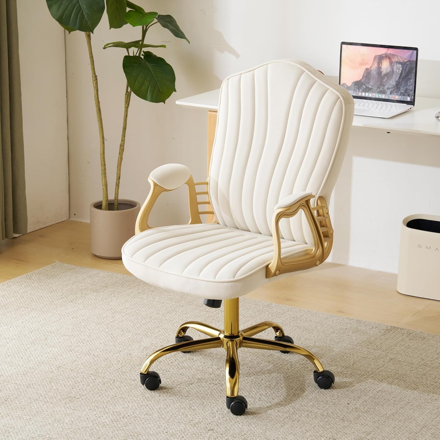 Comfy Upholstered Cream Velvet Rolling Desk Chair Gold Metal Frame for Women
