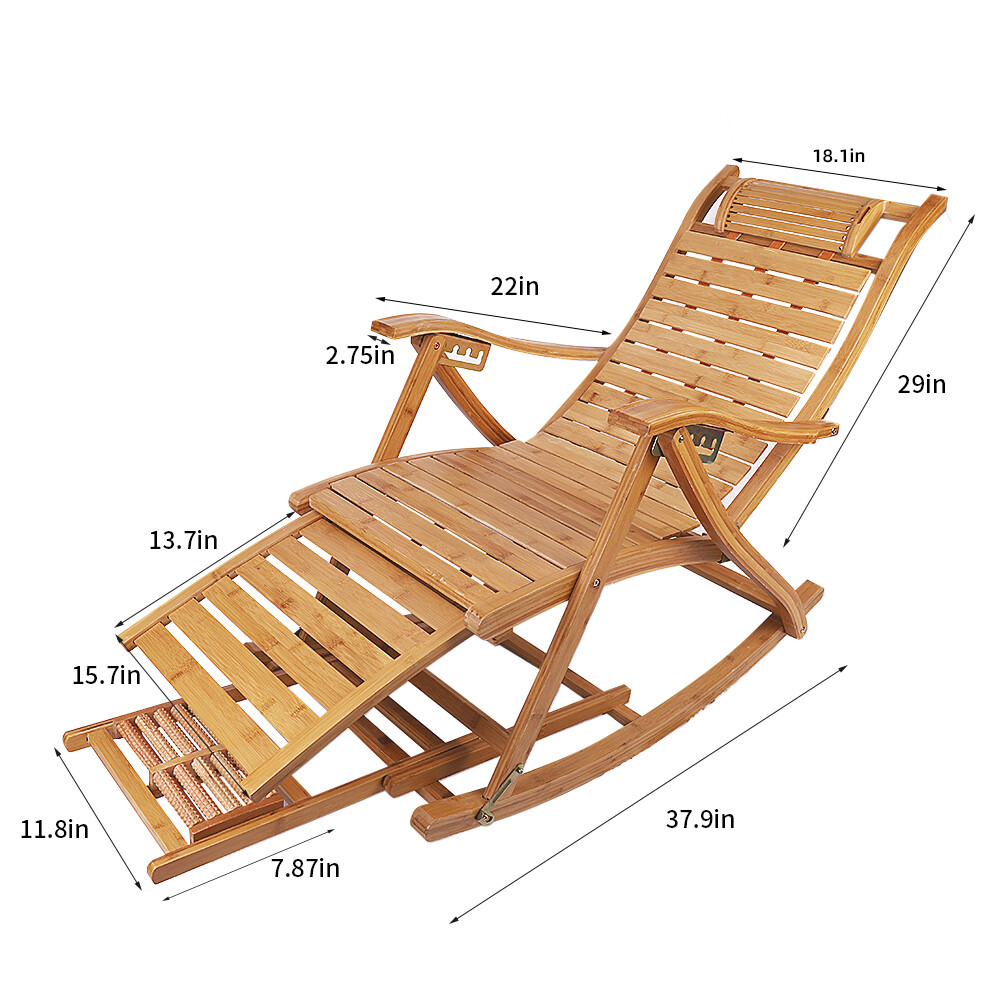Foldable Bamboo Adjustable Rocking Chair Sun Lounger Recliner Outdoor Deck Patio