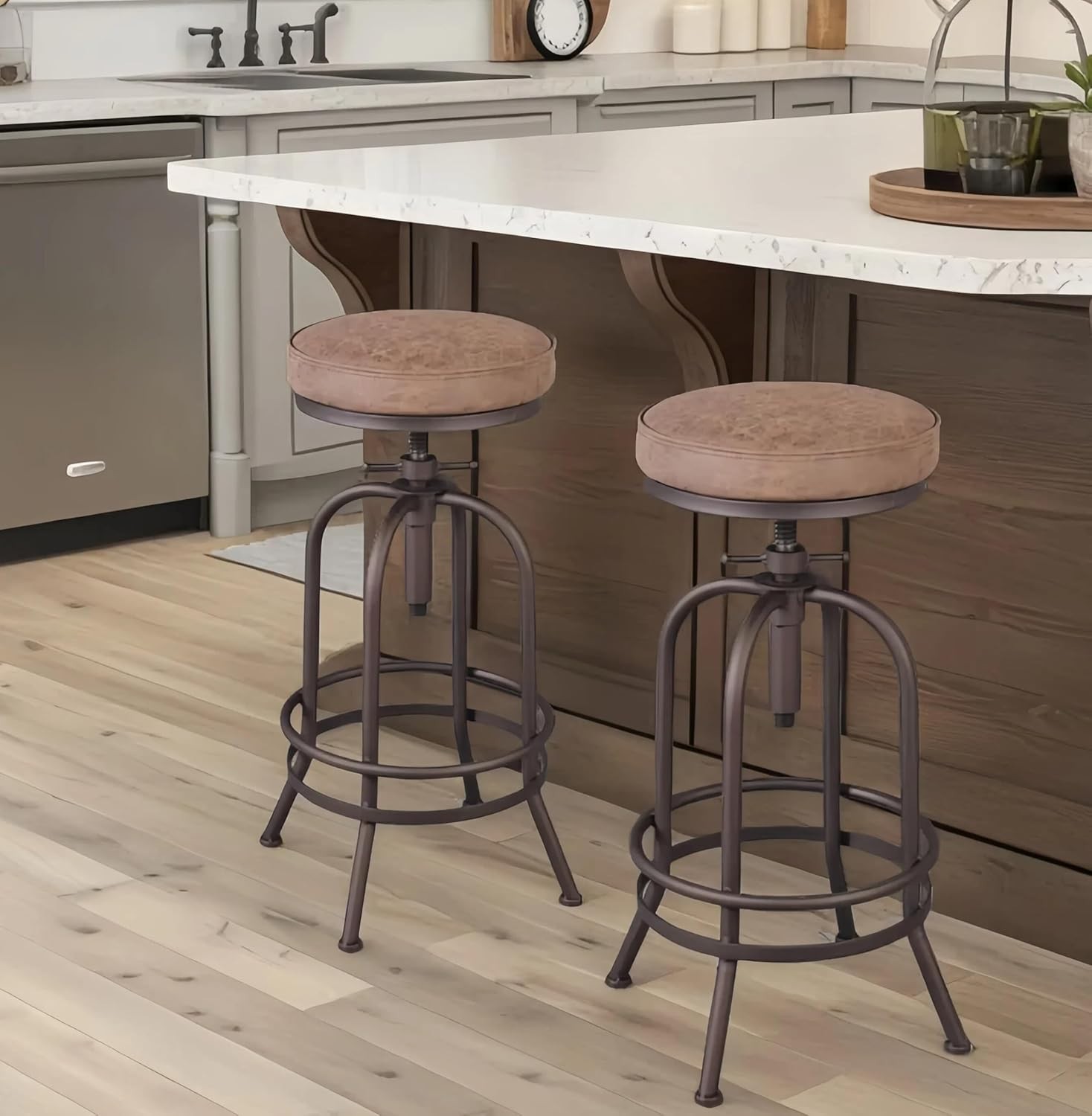 Set of 2 Industrial Bar Stools 26″-32″ Adjustable Swivel Metal PU Leather Seat