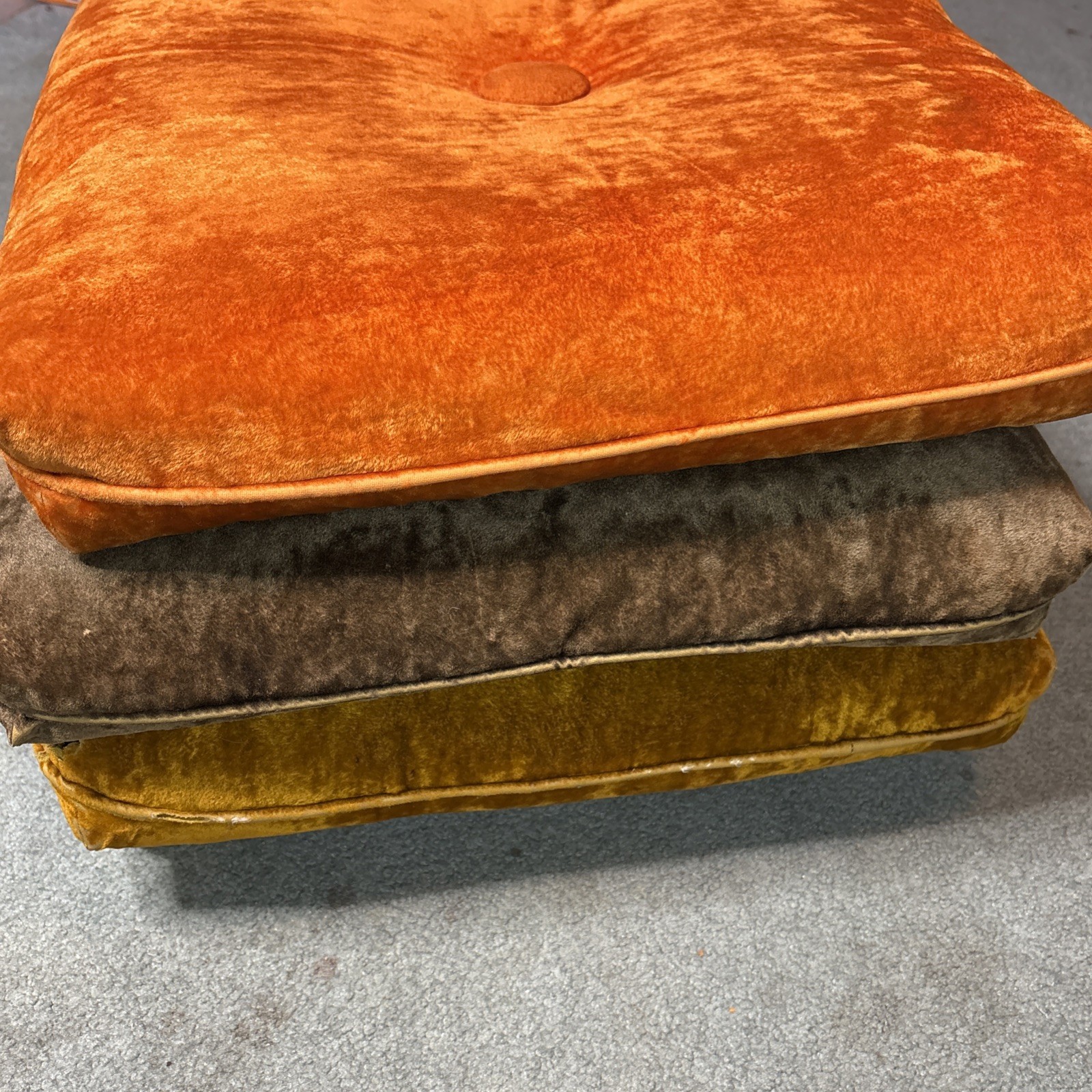 Vtg Mid Century Pillow Ottoman on Wheels Green Orange Gold Velvet Velour MCM