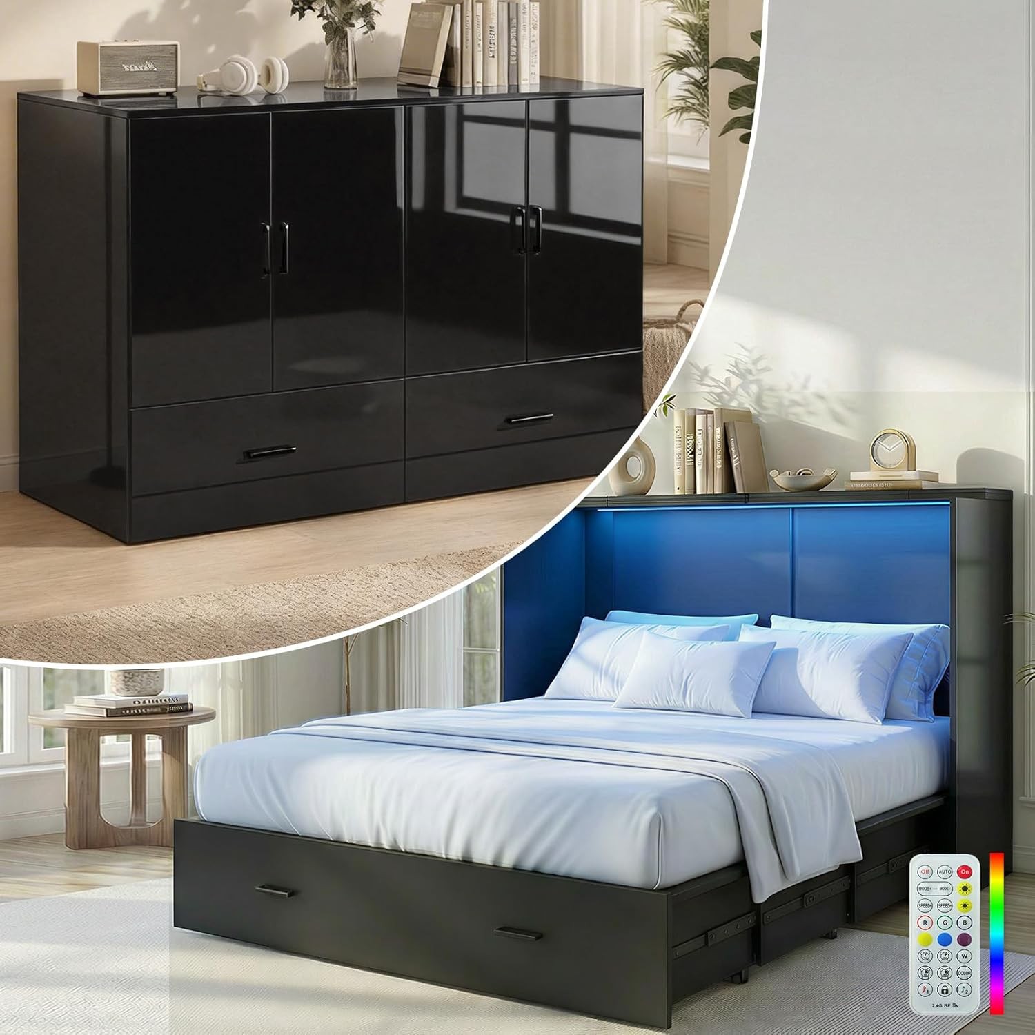 Zafly Queen Size Murphy Bed, Cabinet Bed with Drawer and LED Lights for Home