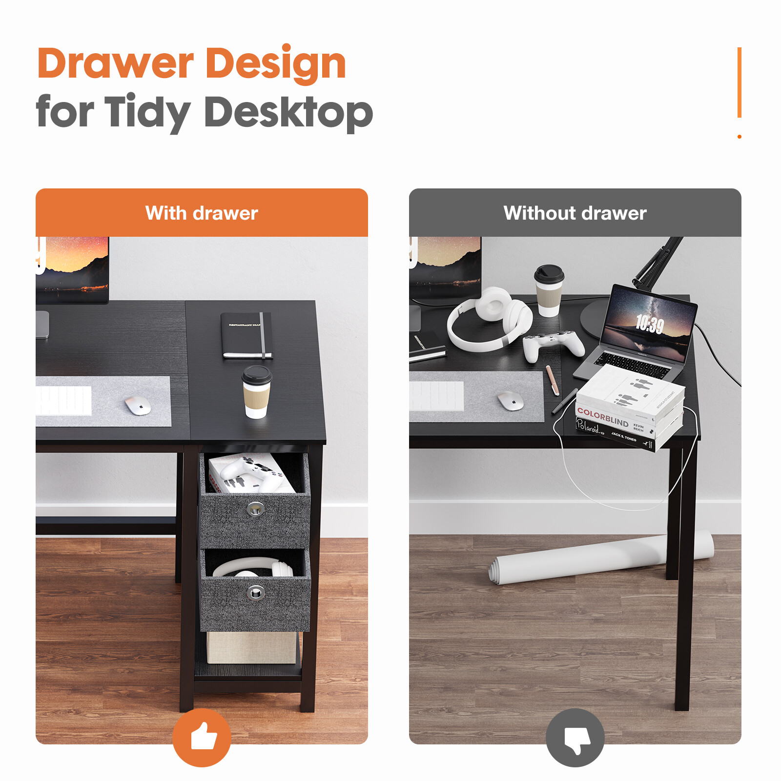 Office Study Table with Side Hook and 2 Storage Drawers – 40/47in Computer Desk
