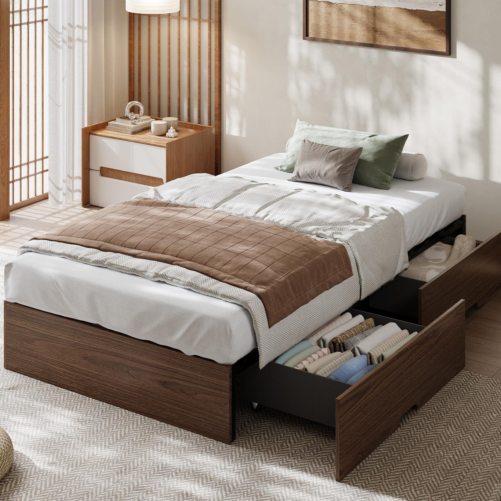 Twin/Twin-XL/Queen Sizes Platform Bed Frame with 2 Storage Drawers Heavy Duty
