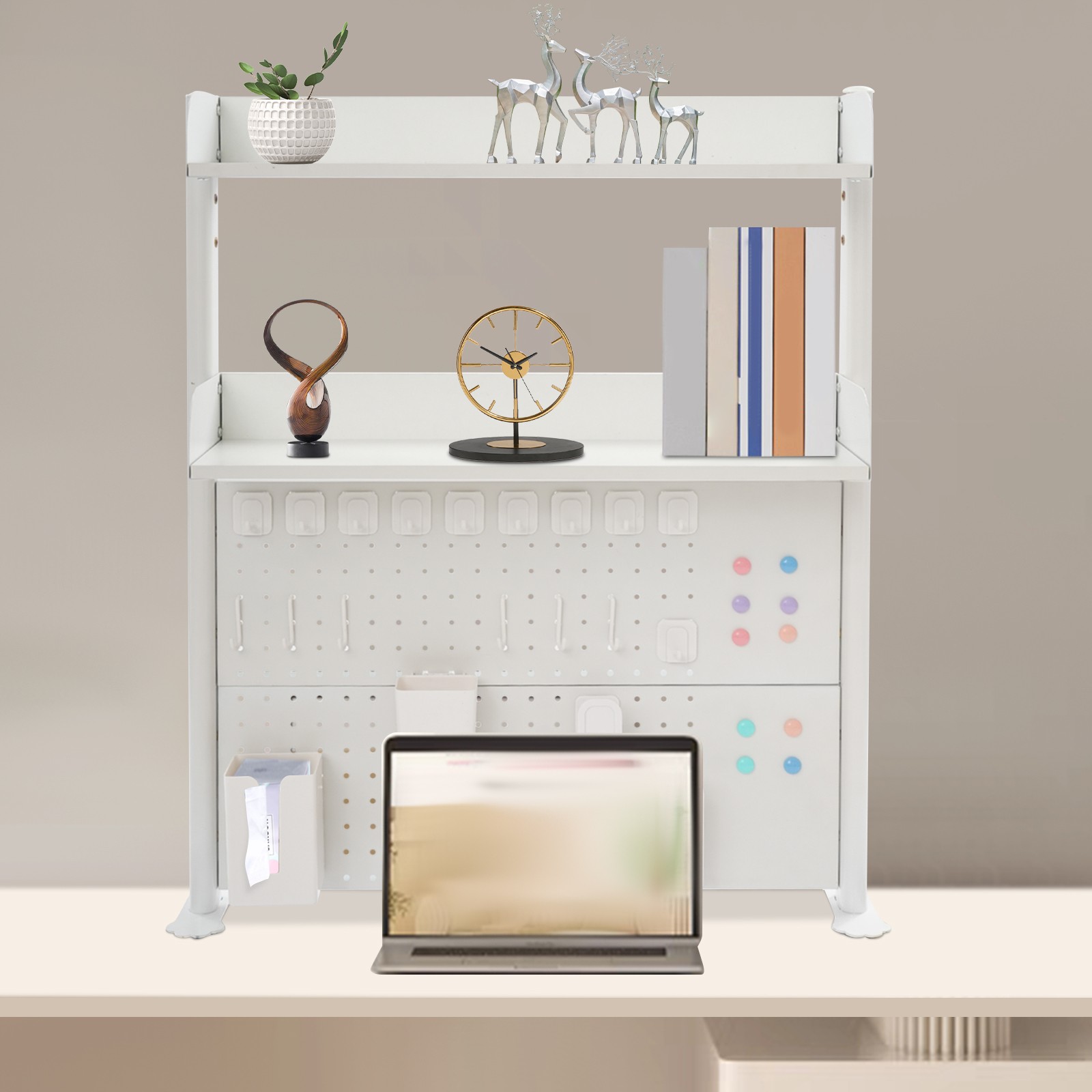 31.5*4.9*37.4in White Steel& MDF Multipurpose Pegboard Bookshelf Organizer Shelf
