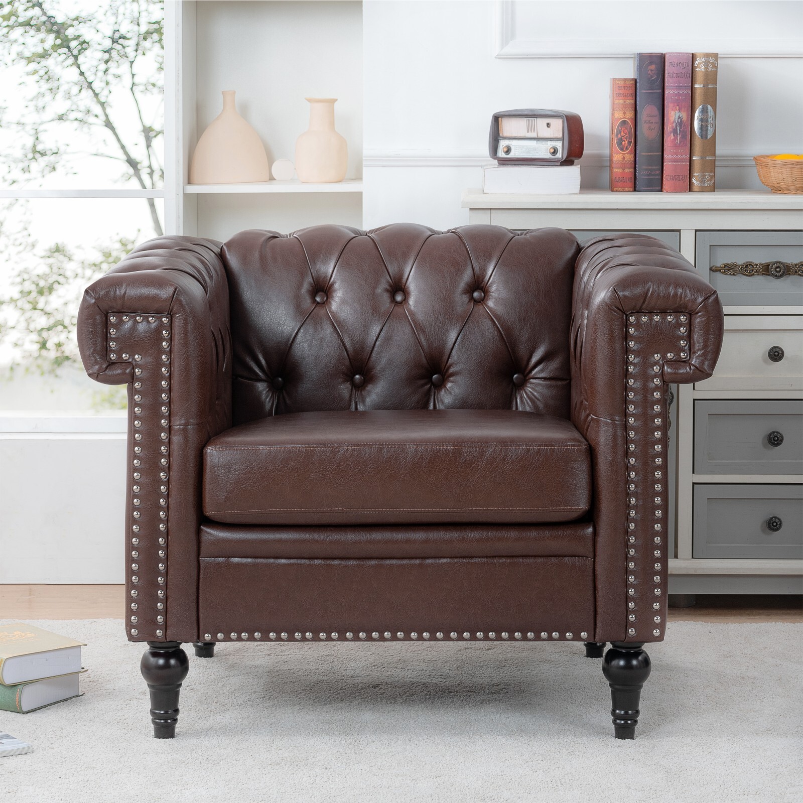 Faux Leather Sofa Tufted Single Couch Armchair with Removable Cushion Square Arm