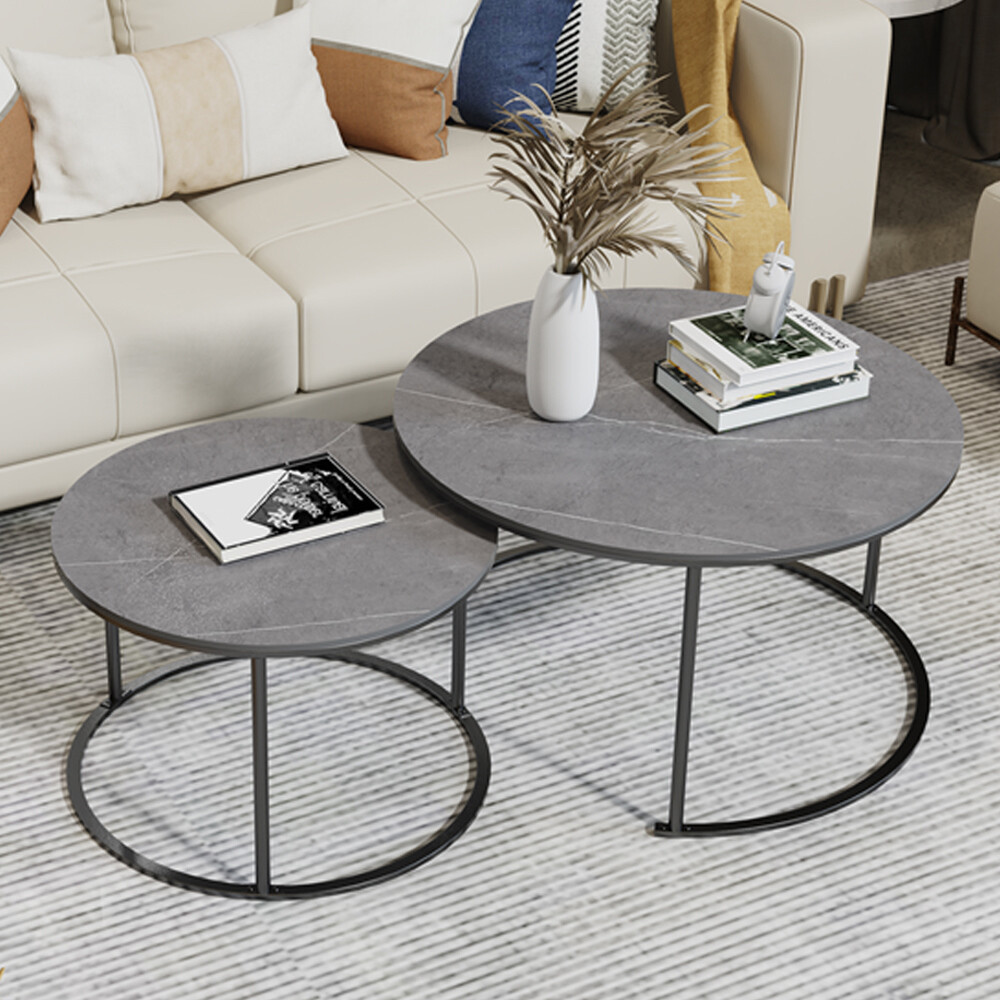 Modern Nesting Coffee Table Round Sintered Stone Top Metal Frame 32” Set of 2