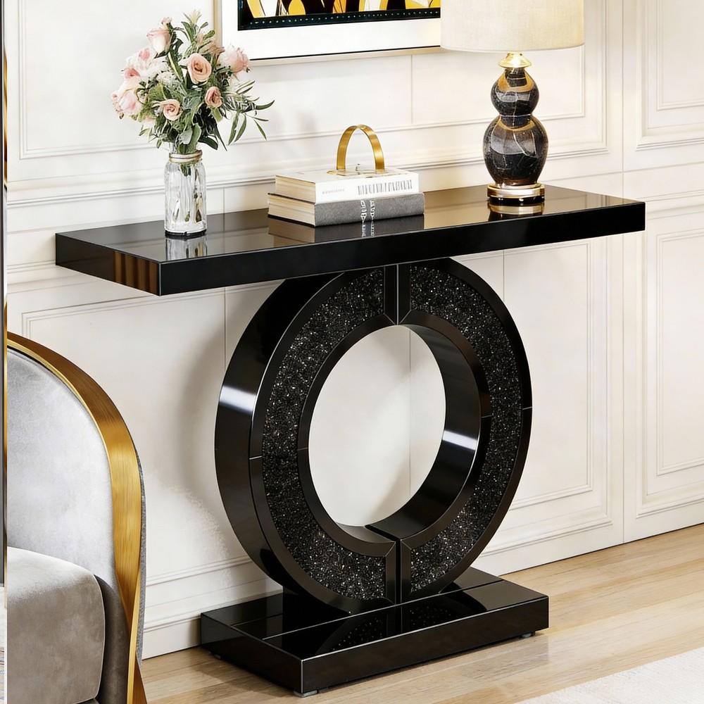 Mirror edge table with hand polished beveled edge and diamond shaped base frame